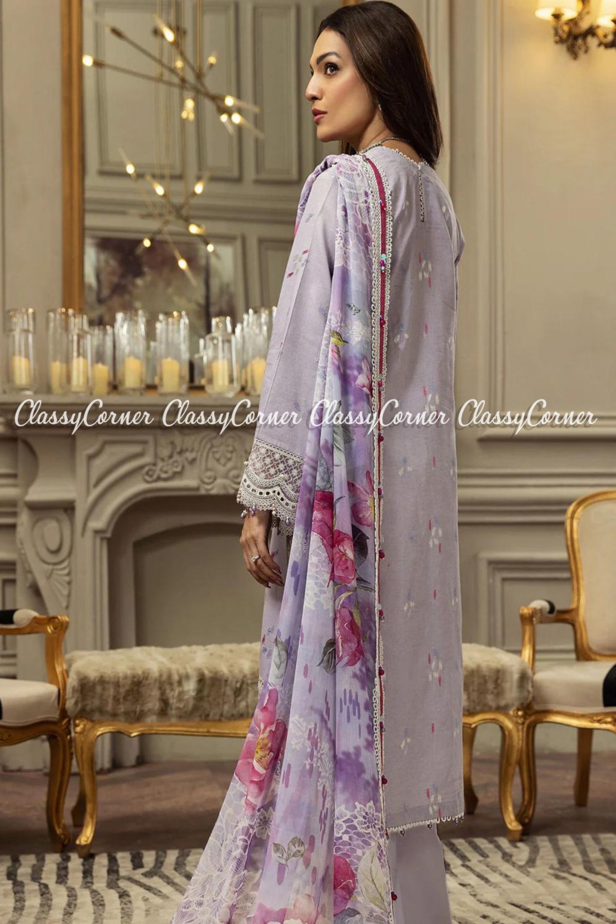 Light Purple White Lawn Embroidered Pakistani Salwar Kameez