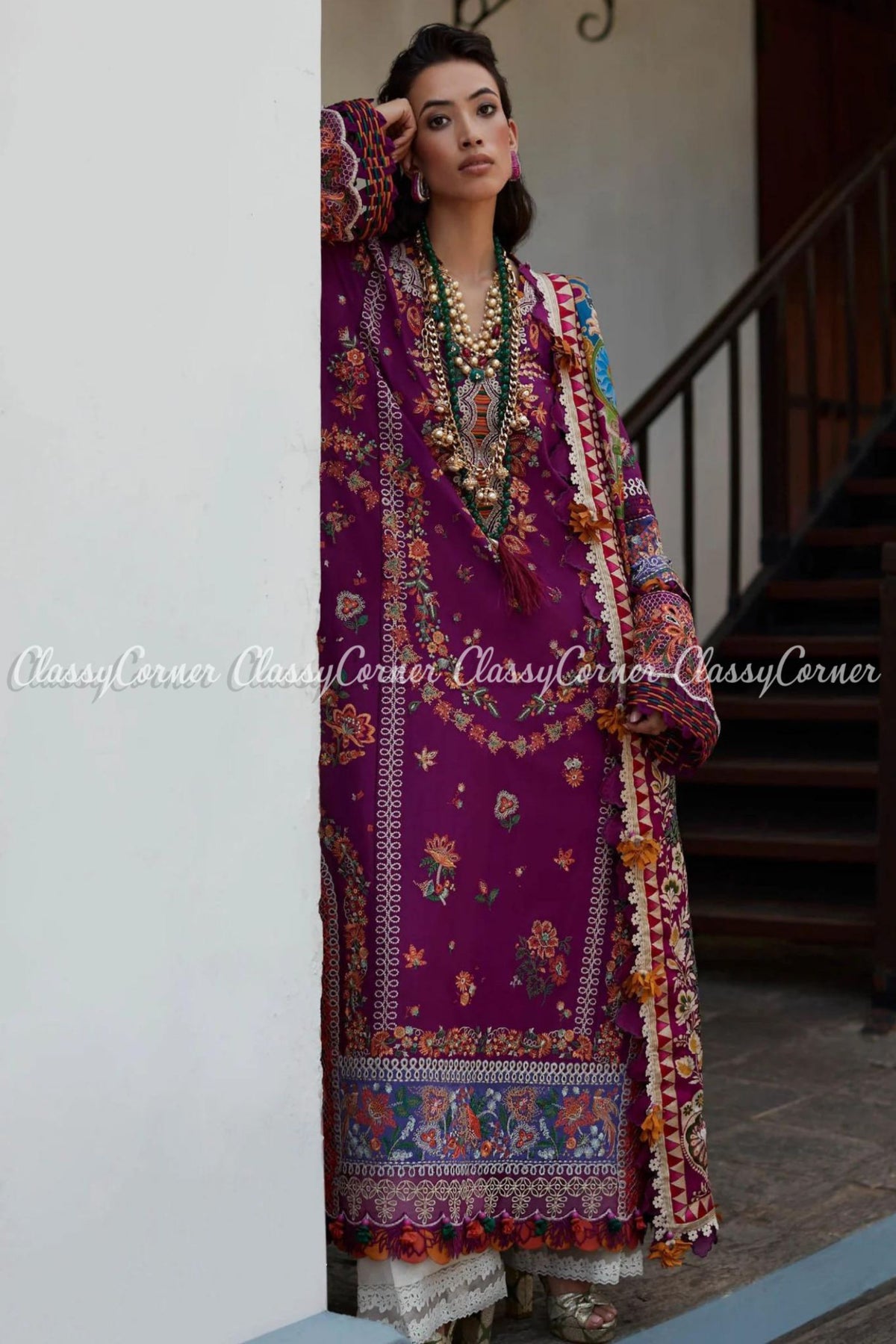 Purple Orange Embroidered Lawn Formal Wear Salwar Kameez