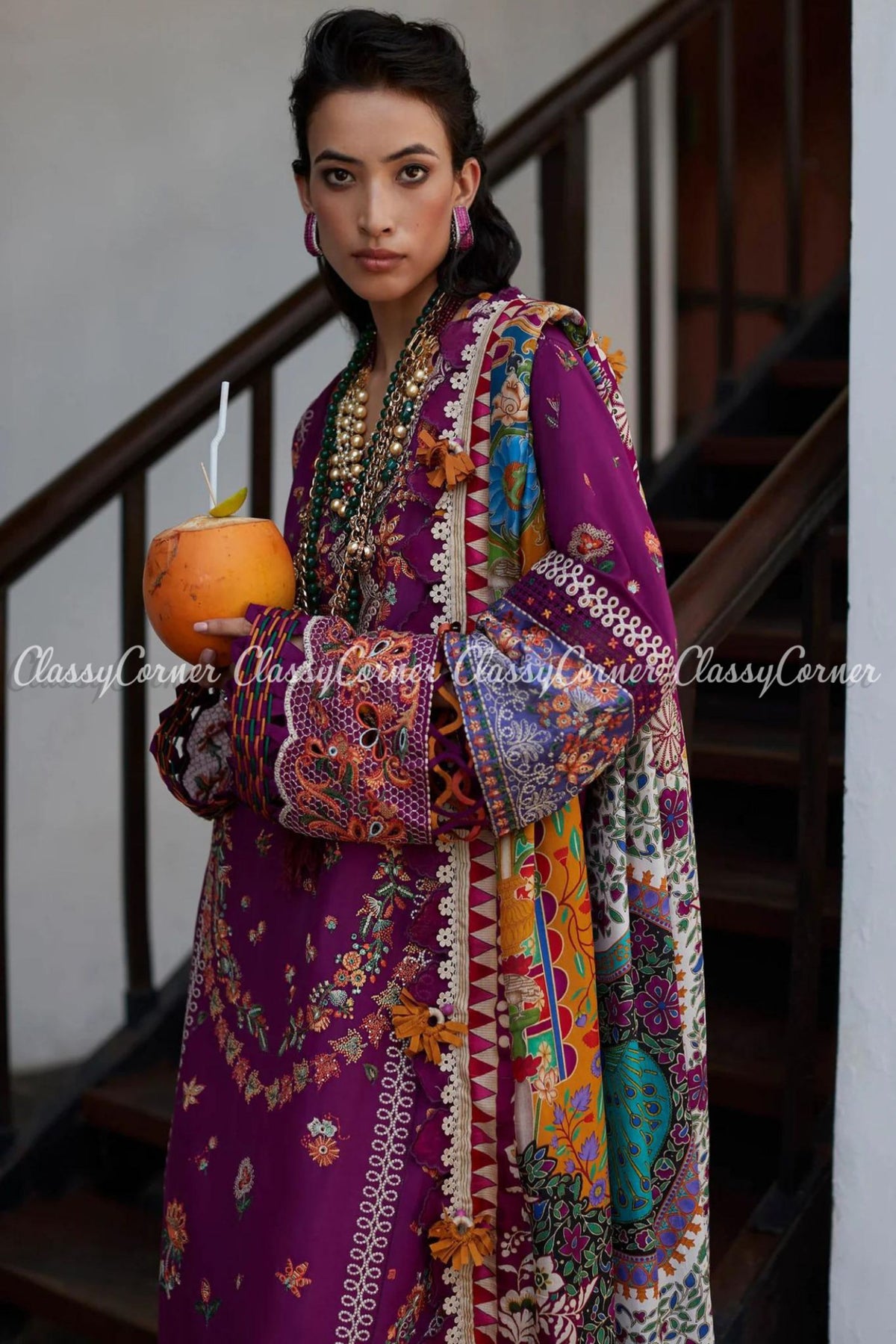 Purple Orange Embroidered Lawn Formal Wear Salwar Kameez