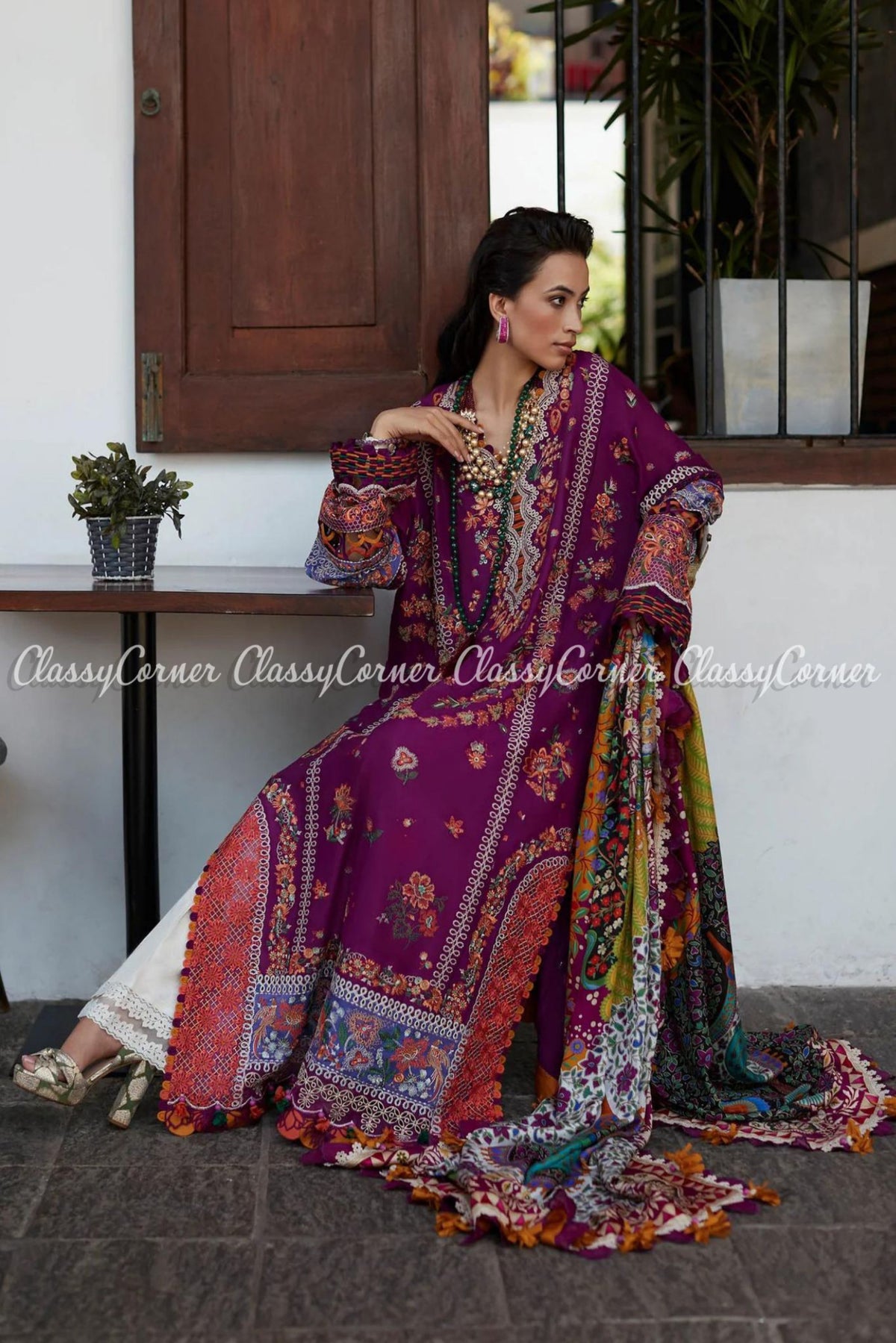 Purple Orange Embroidered Lawn Formal Wear Salwar Kameez