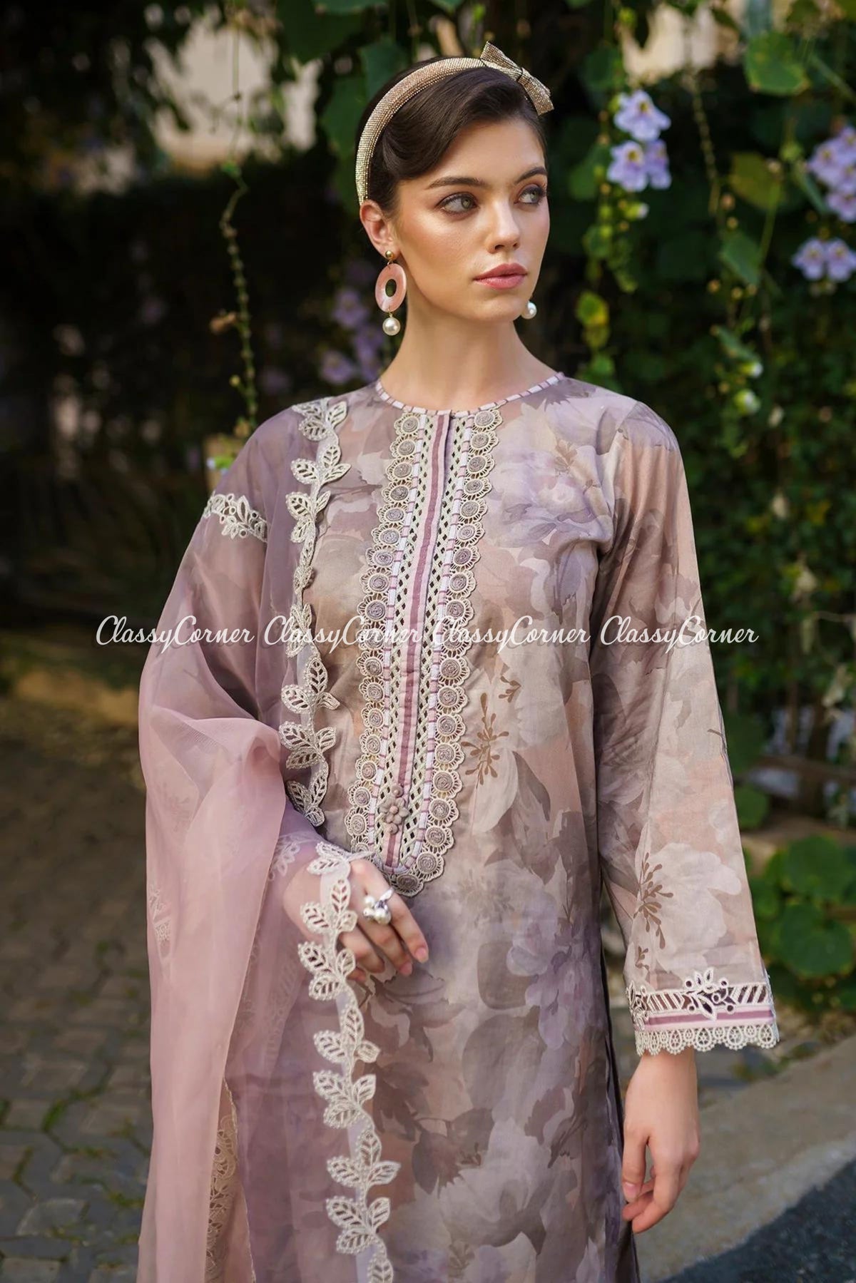 Purple Embroidered Lawn Floral Printed Suit