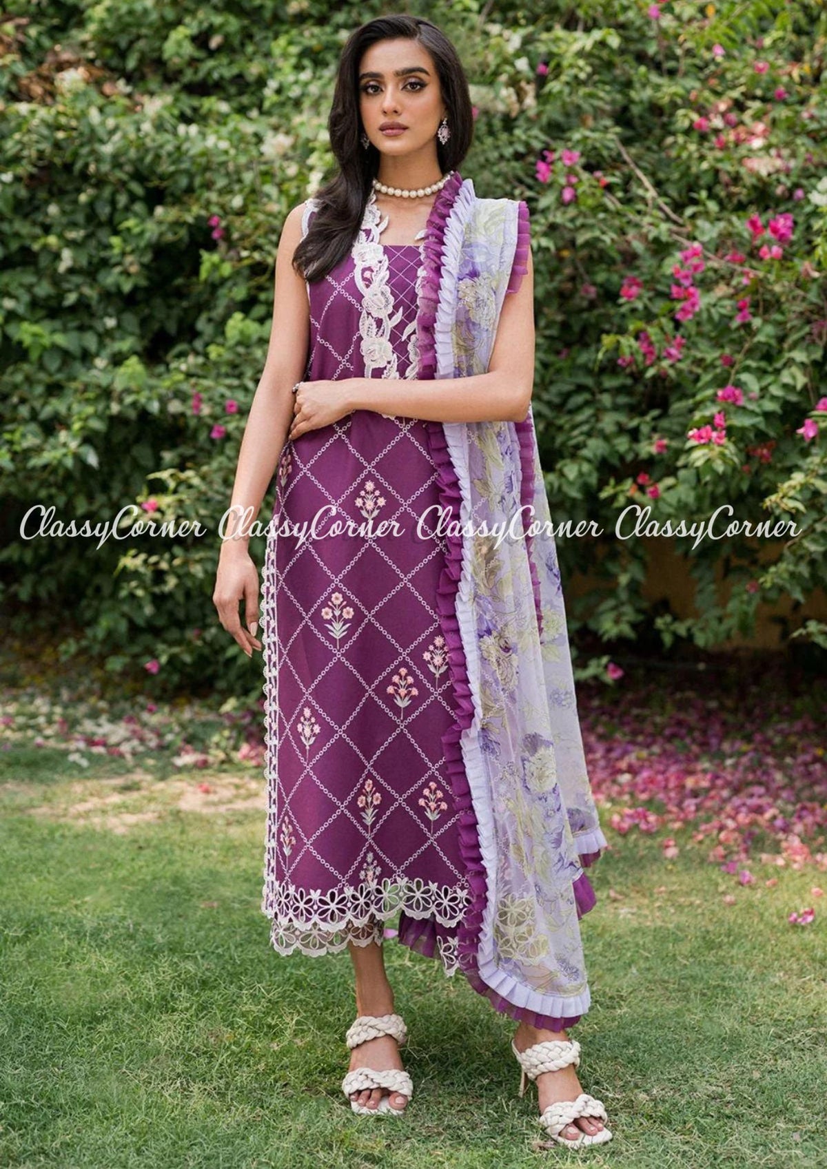 Purple White Lawn Embroidered Pakistani Salwar Kameez