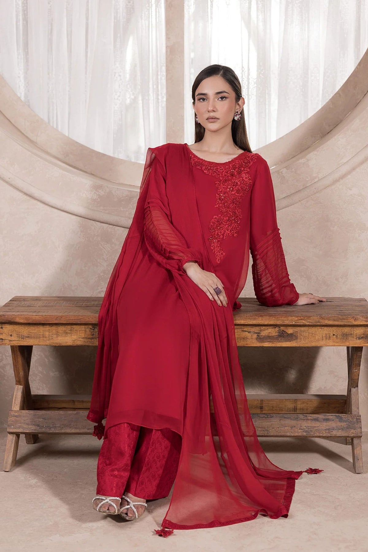 Red Chiffon Readymade Suit