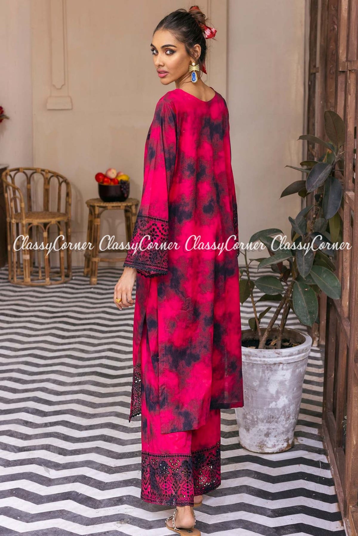 Red Black Embroidered Printed Lawn Salwar Kameez