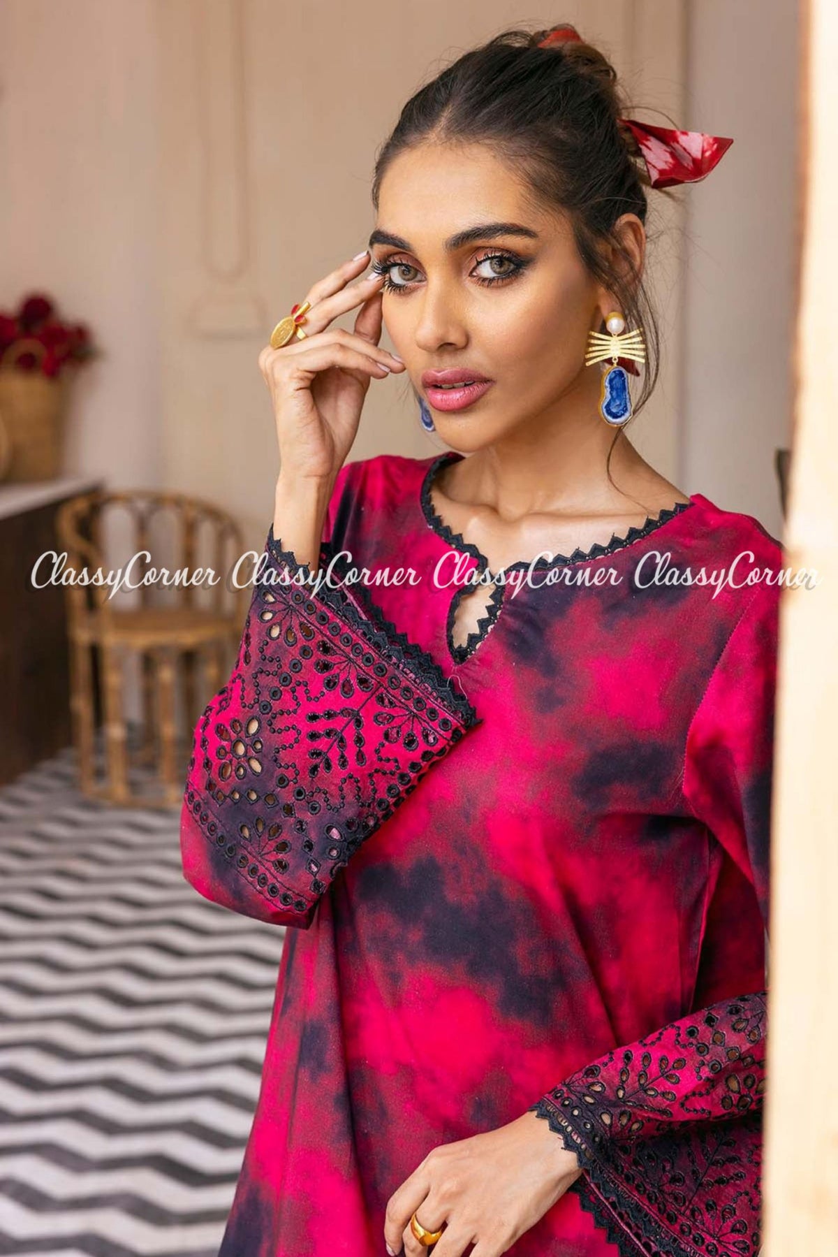 Red Black Embroidered Printed Lawn Salwar Kameez