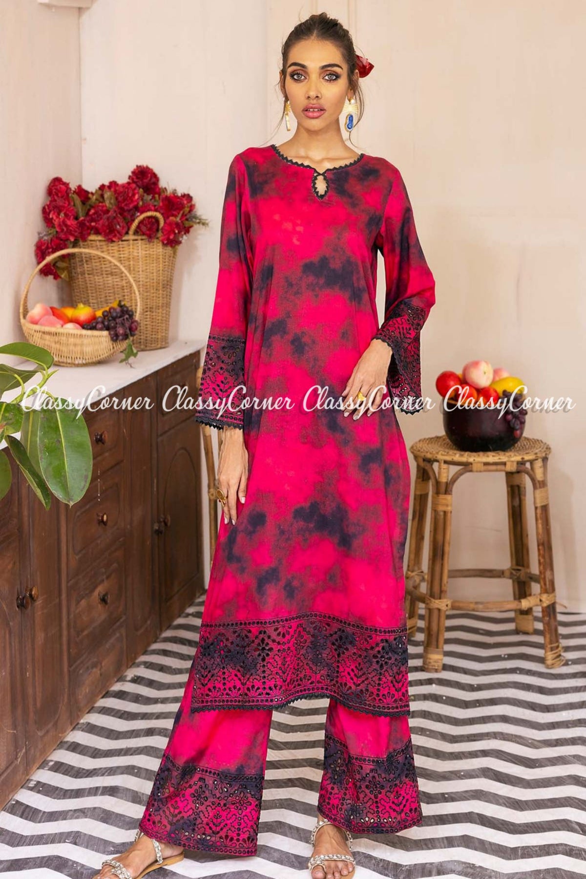 Red Black Embroidered Printed Lawn Salwar Kameez