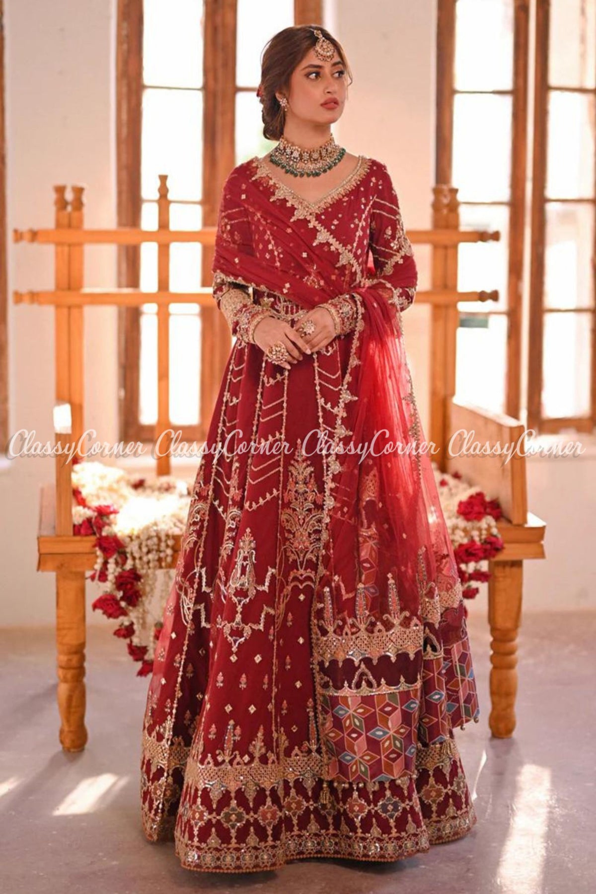 Red Silk Net Embroidered Party Wear Lehenga Dress