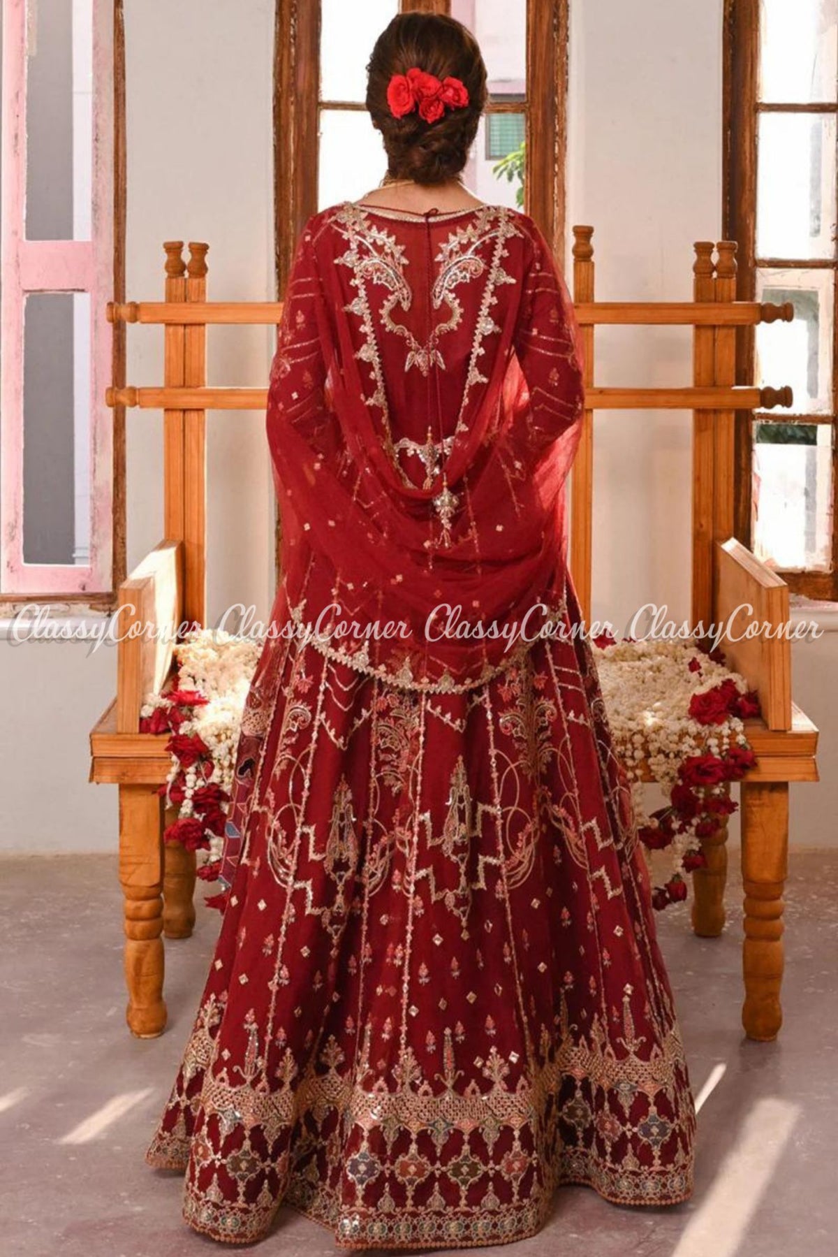 Red Silk Net Embroidered Party Wear Lehenga Dress