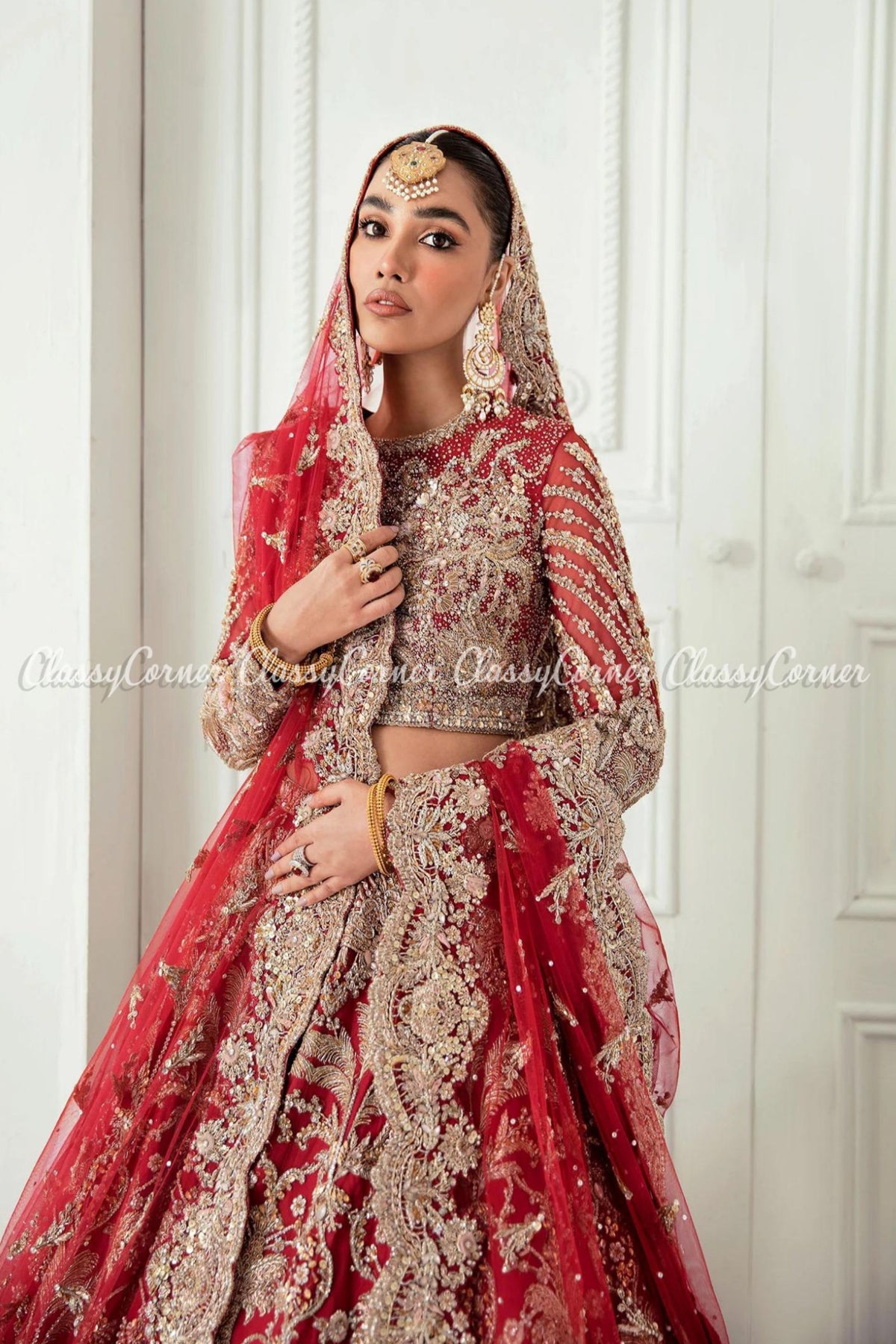 Red Golden Embellished Wedding Wear Lehenga