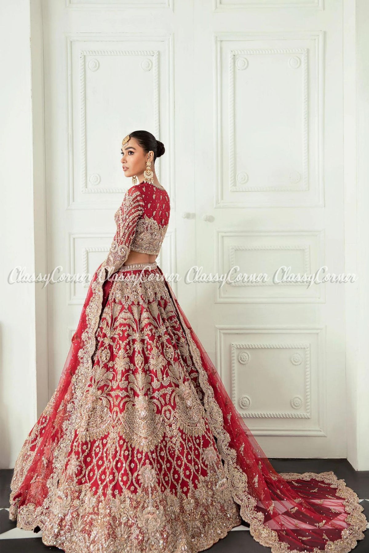 Red Golden Embellished Wedding Wear Lehenga