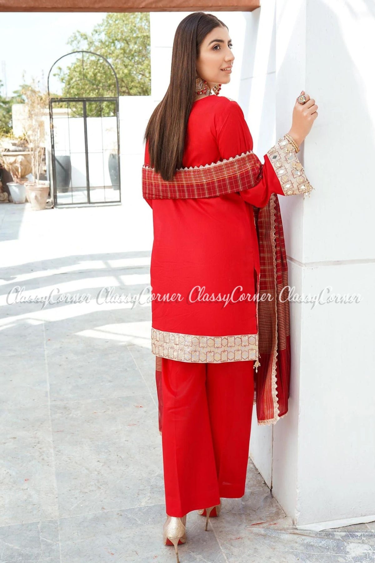 Red Golden Cotton Embroidered Pakistani Formal Wear Outfit