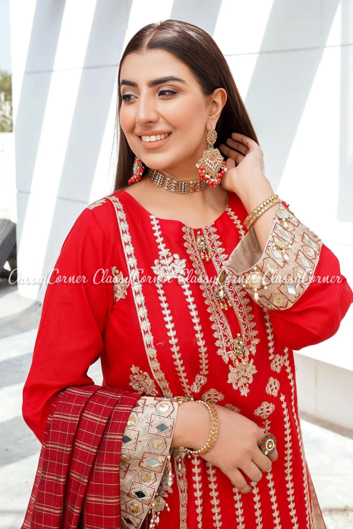 Red Golden Cotton Embroidered Pakistani Formal Wear Outfit