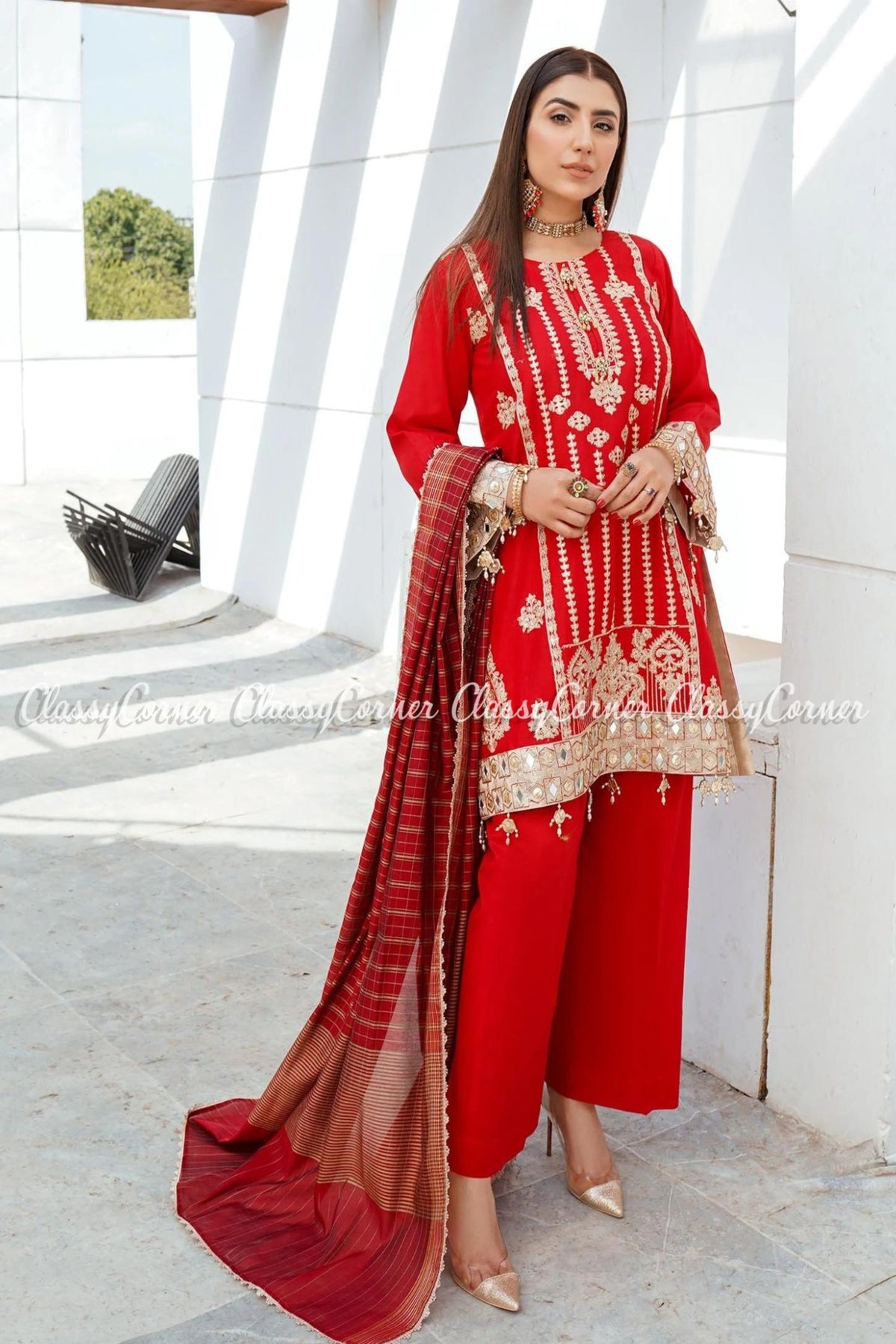 Red Golden Cotton Embroidered Pakistani Formal Wear Outfit