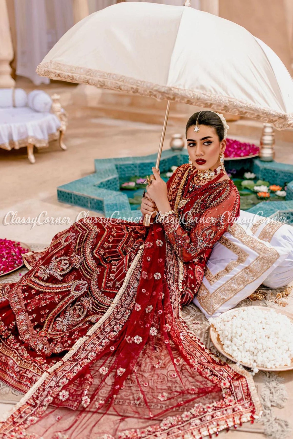 Maroon Red Net Embroidered Wedding Wear Gharara Dress