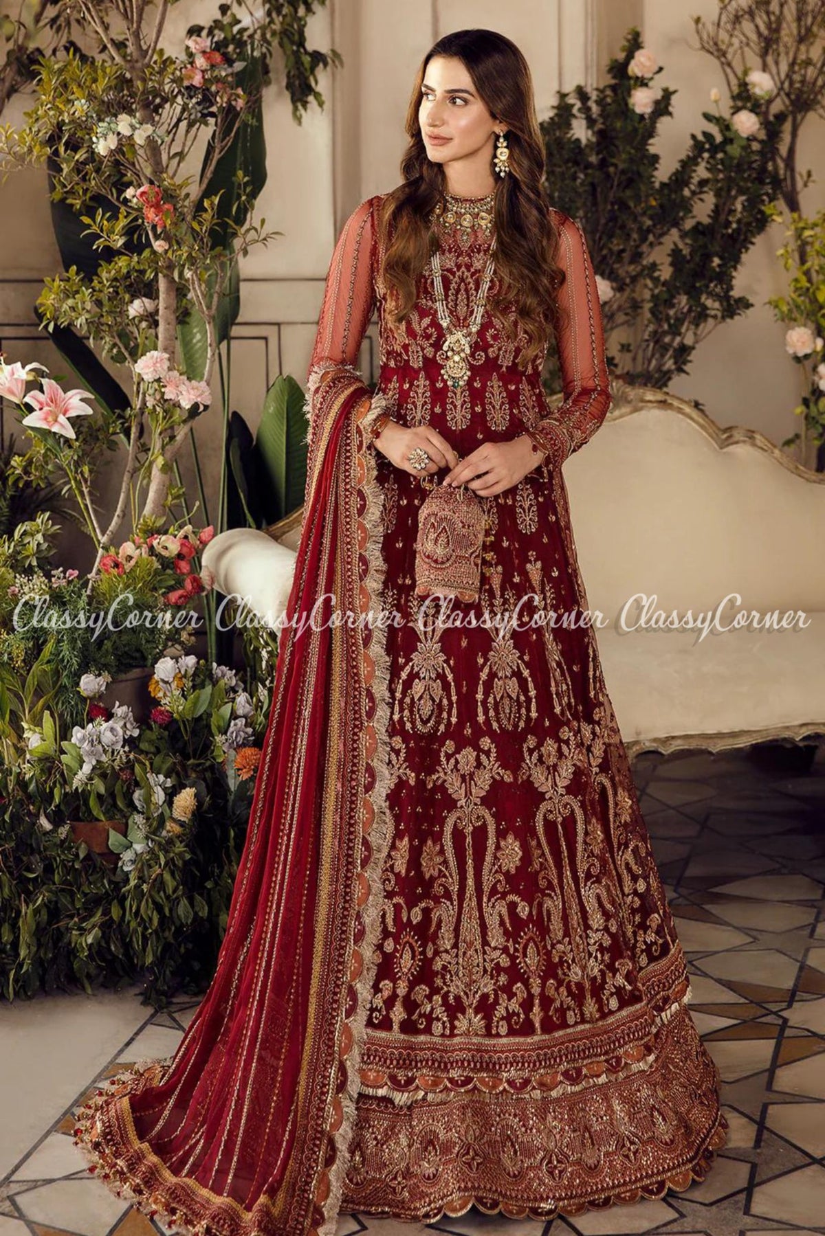 Maroon Red Golden Net Embroidered Wedding Wear Gown