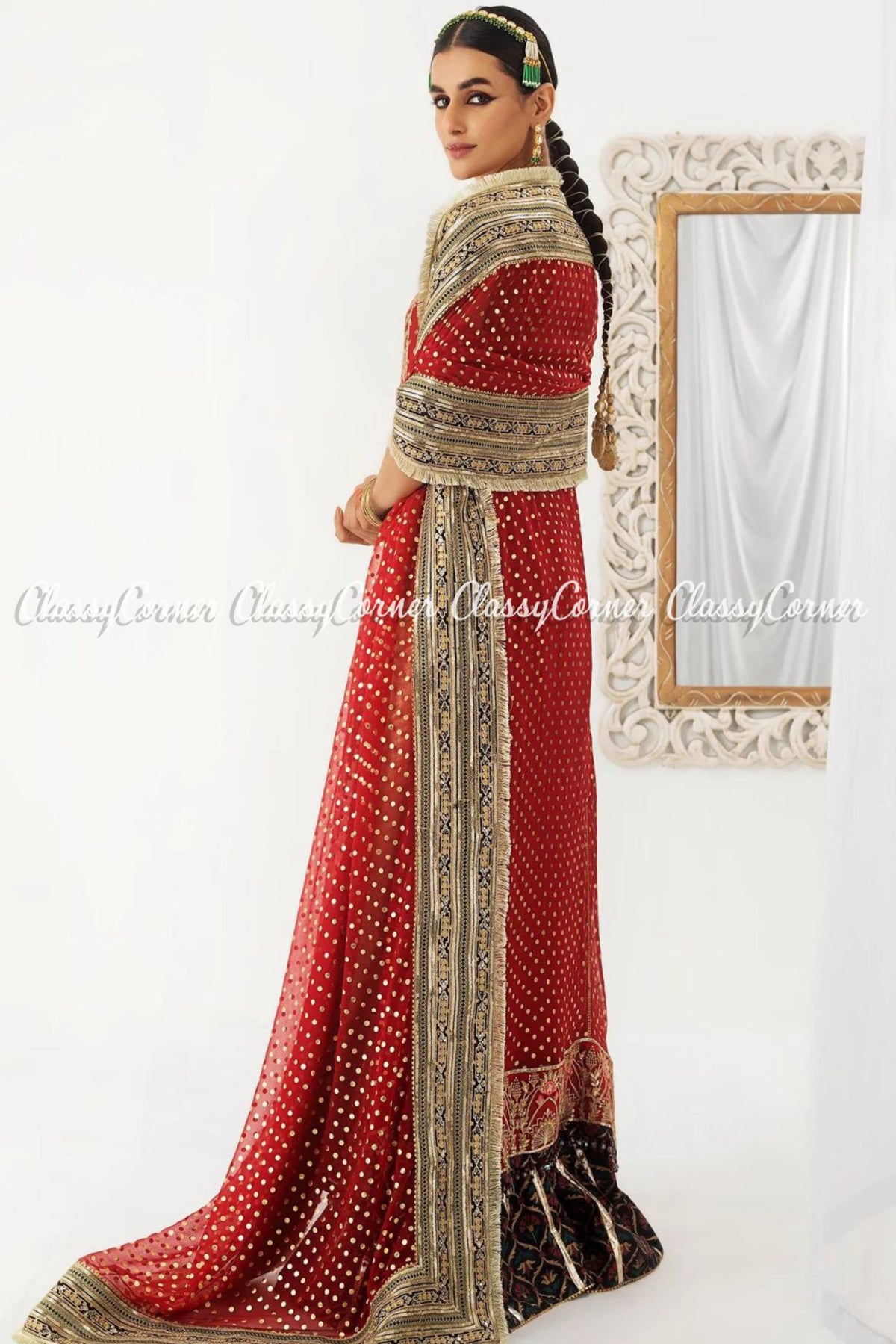 Red Golden Chiffon Embroidered Party Wear 3 Piece Outfit