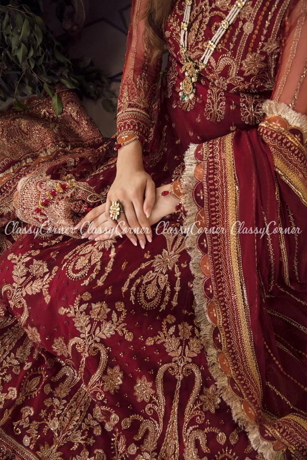 Maroon Red Golden Net Embroidered Wedding Wear Gown