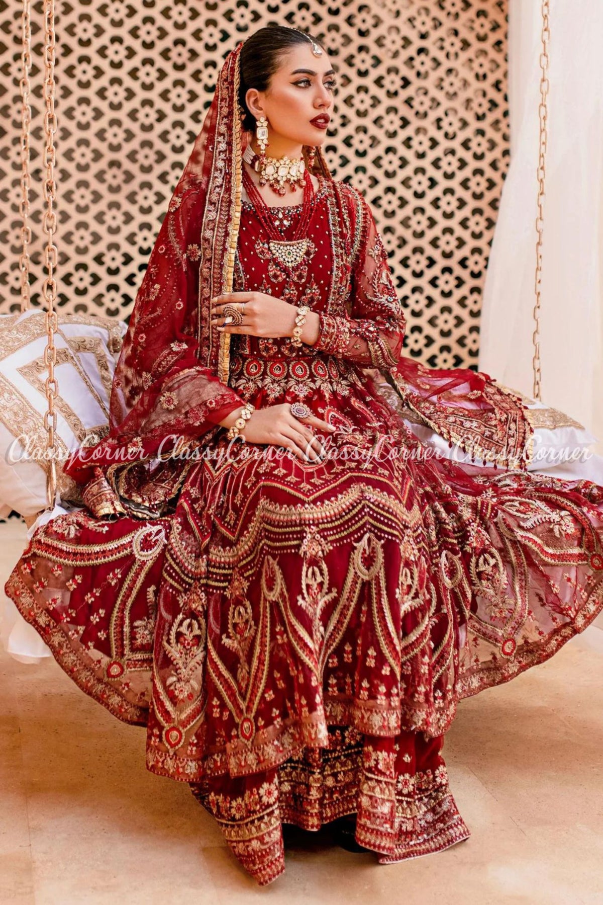 Maroon Red Net Embroidered Wedding Wear Gharara Dress