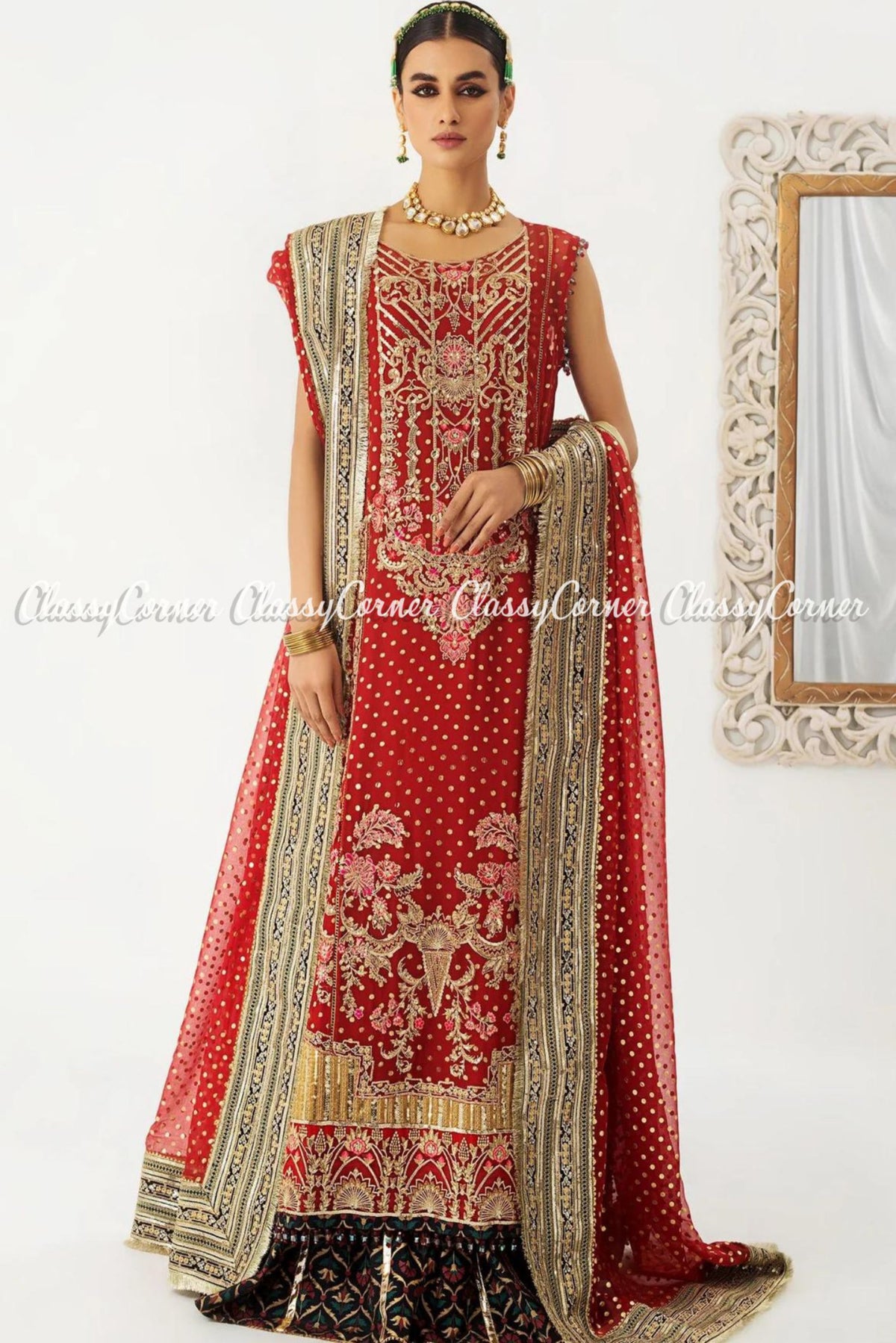 Red Golden Chiffon Embroidered Party Wear 3 Piece Outfit