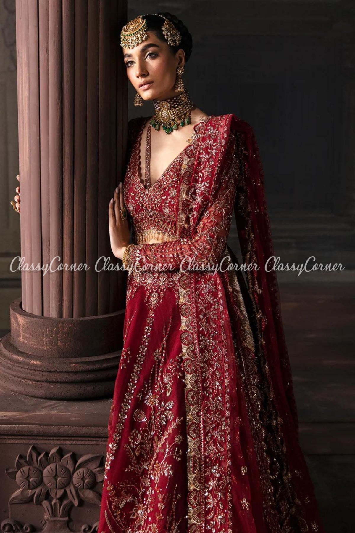 Red Golden Net Embellished Bridal Wear Lehenga