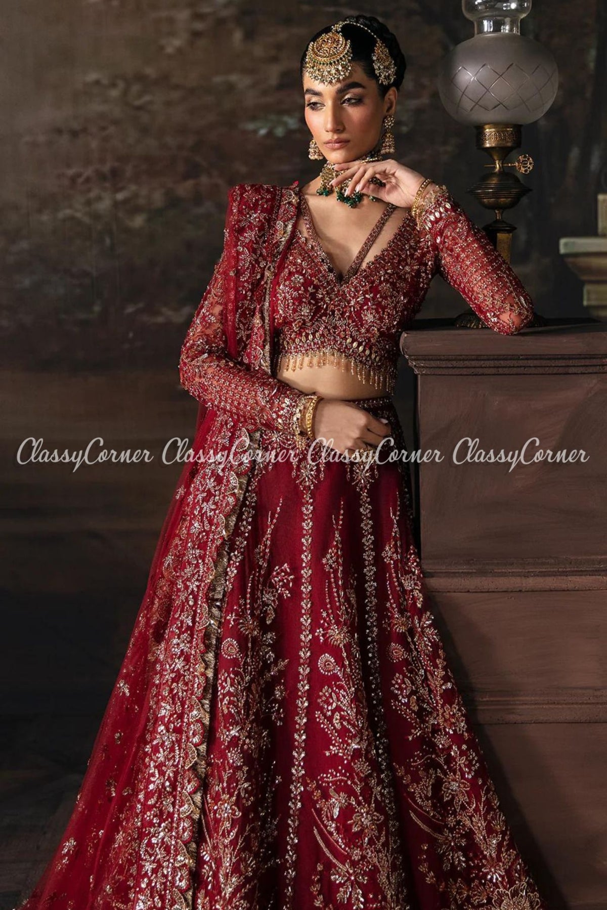 Red Golden Net Embellished Bridal Wear Lehenga