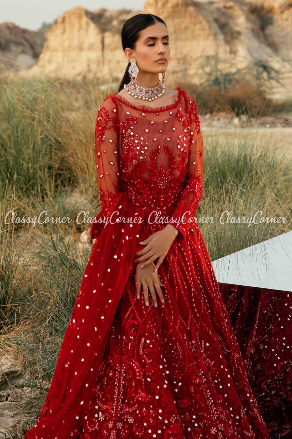 Bright Red Net Embellished Wedding Wear Gown