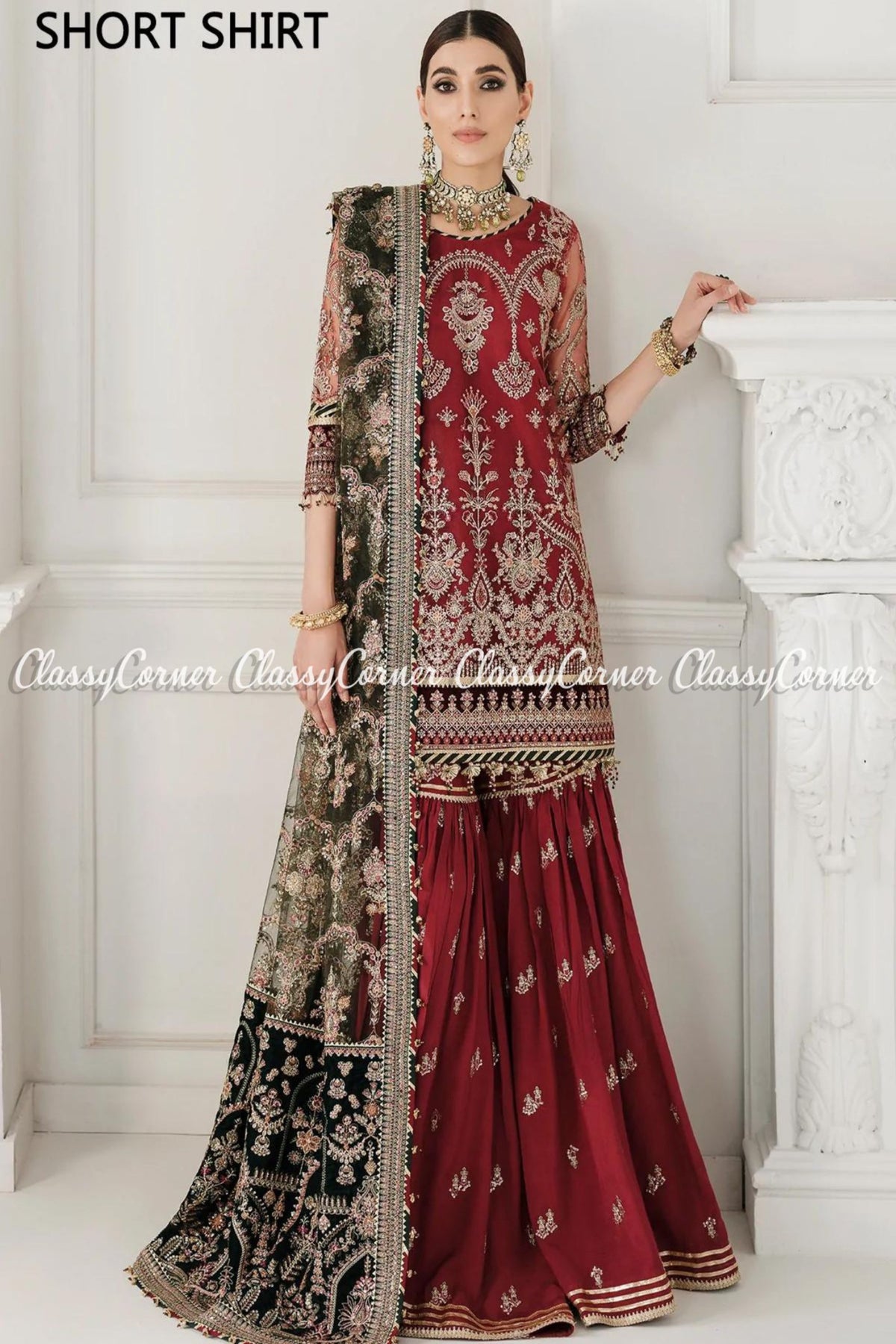 Pakistani Maroon Red Green Embroidered Gharara Salwar Kameez - Classy Corner