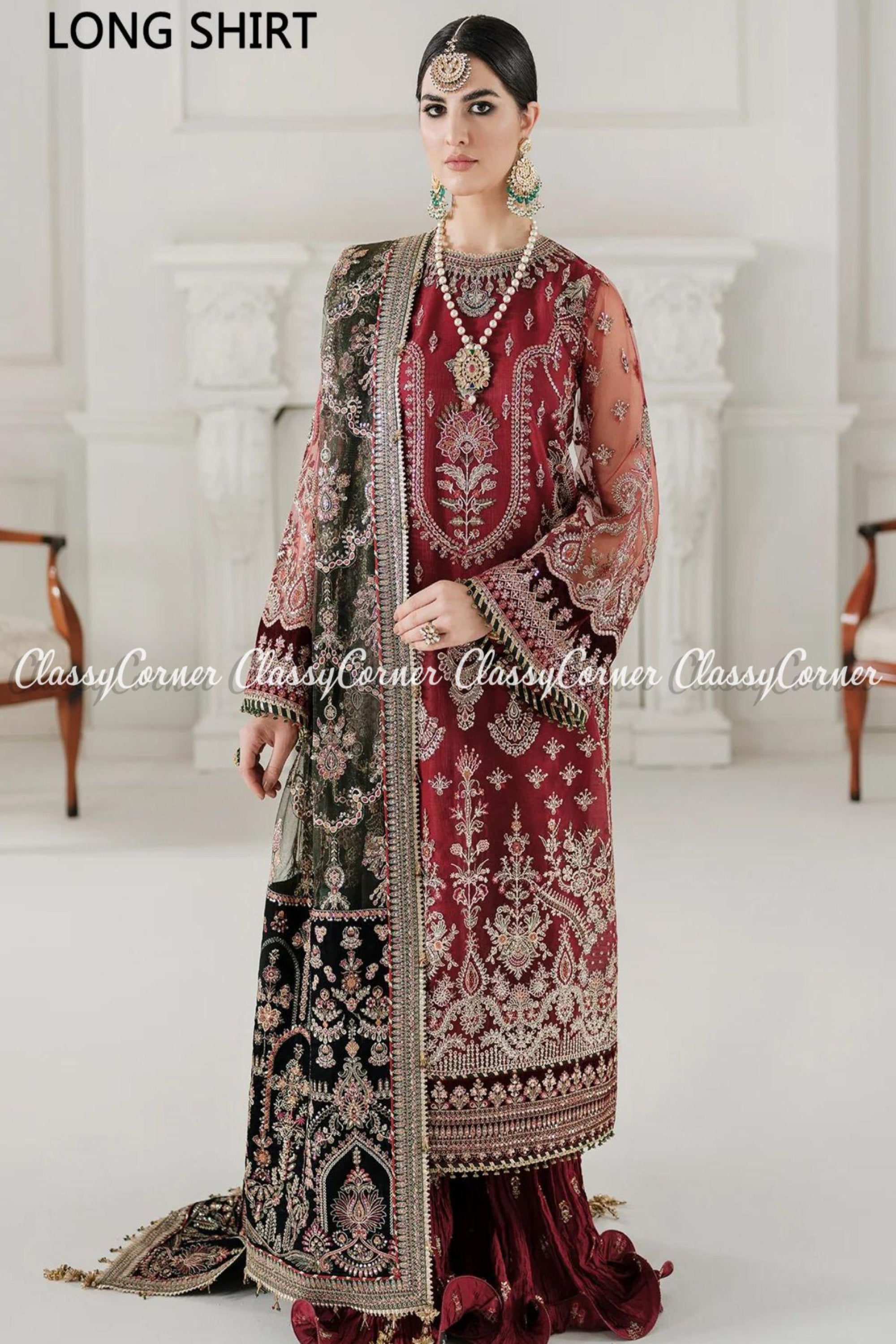 Pakistani Maroon Red Green Embroidered Gharara Salwar Kameez - Classy Corner