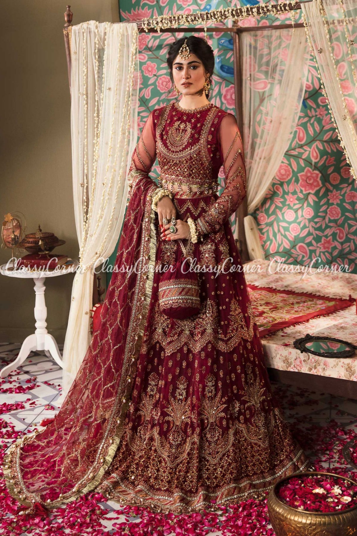 Maroon Red Golden Net Embroidered Wedding Wear Lehenga