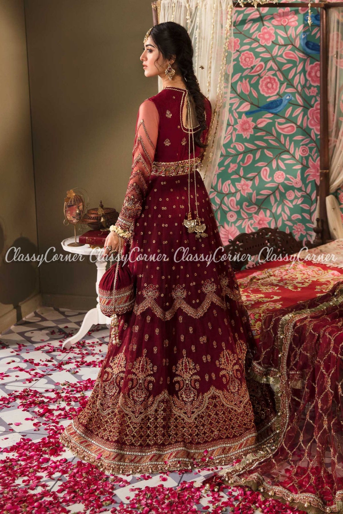 Maroon Red Golden Net Embroidered Wedding Wear Lehenga