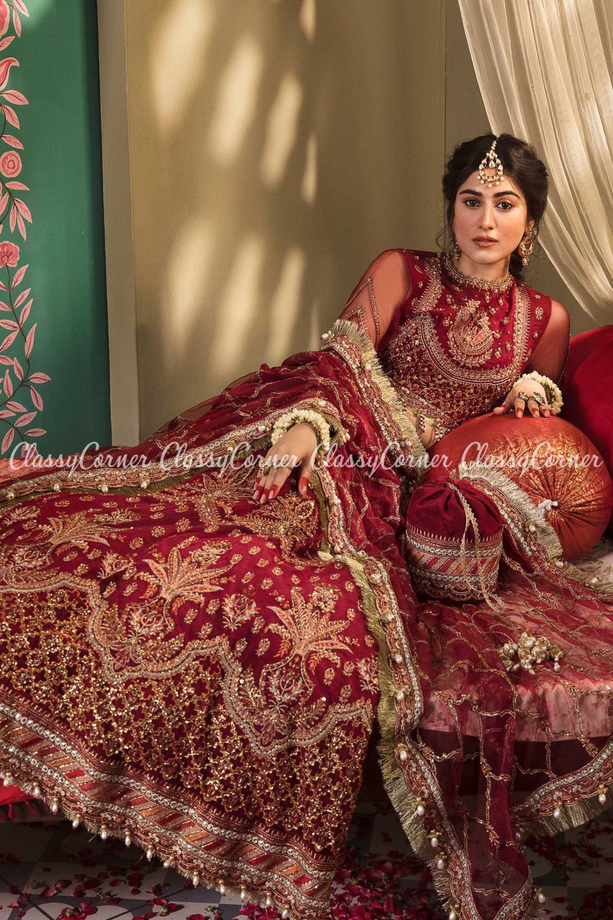 Maroon Red Golden Net Embroidered Wedding Wear Lehenga