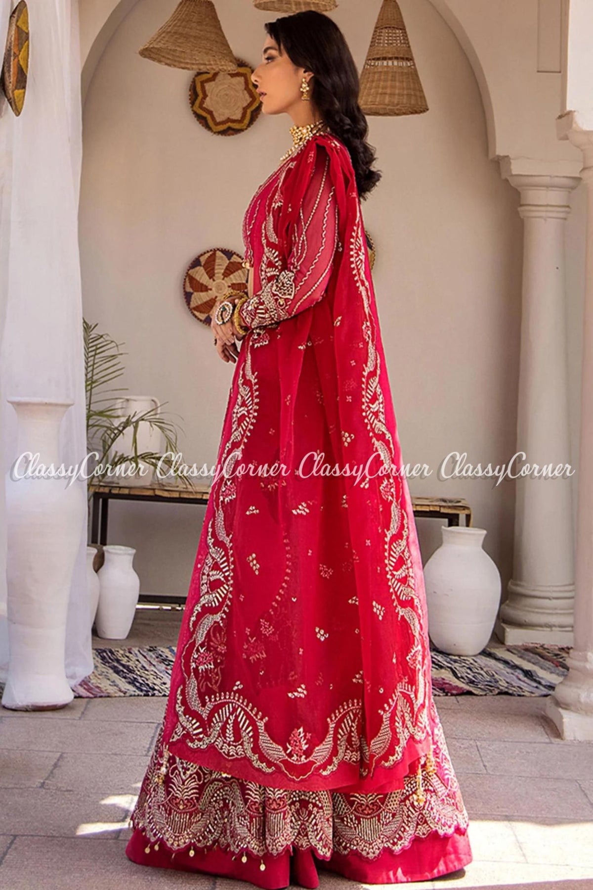 Red Silver Net Embellished Pakistani Lehenga Choli Outfit