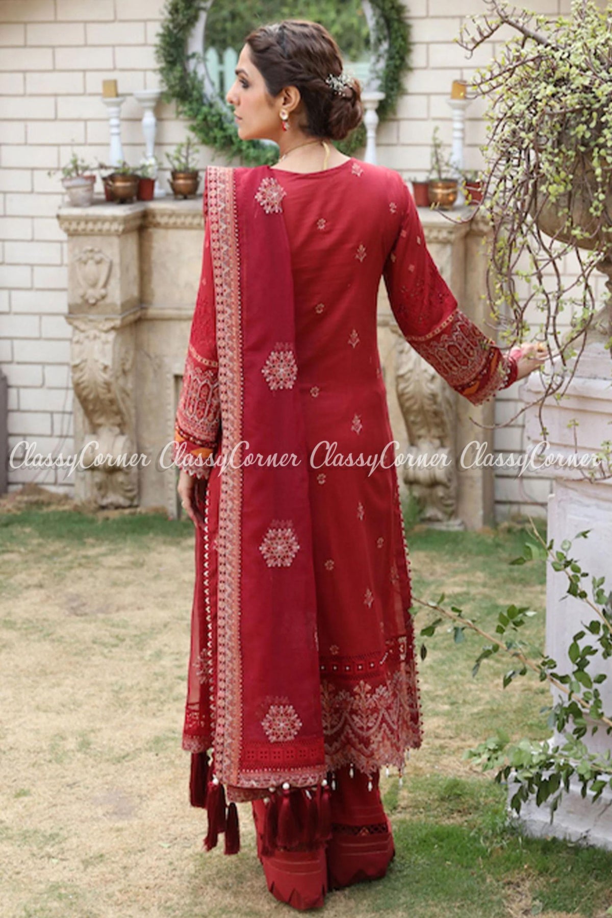 Red Embroidered Lawn Formal Wear Salwar Kameez