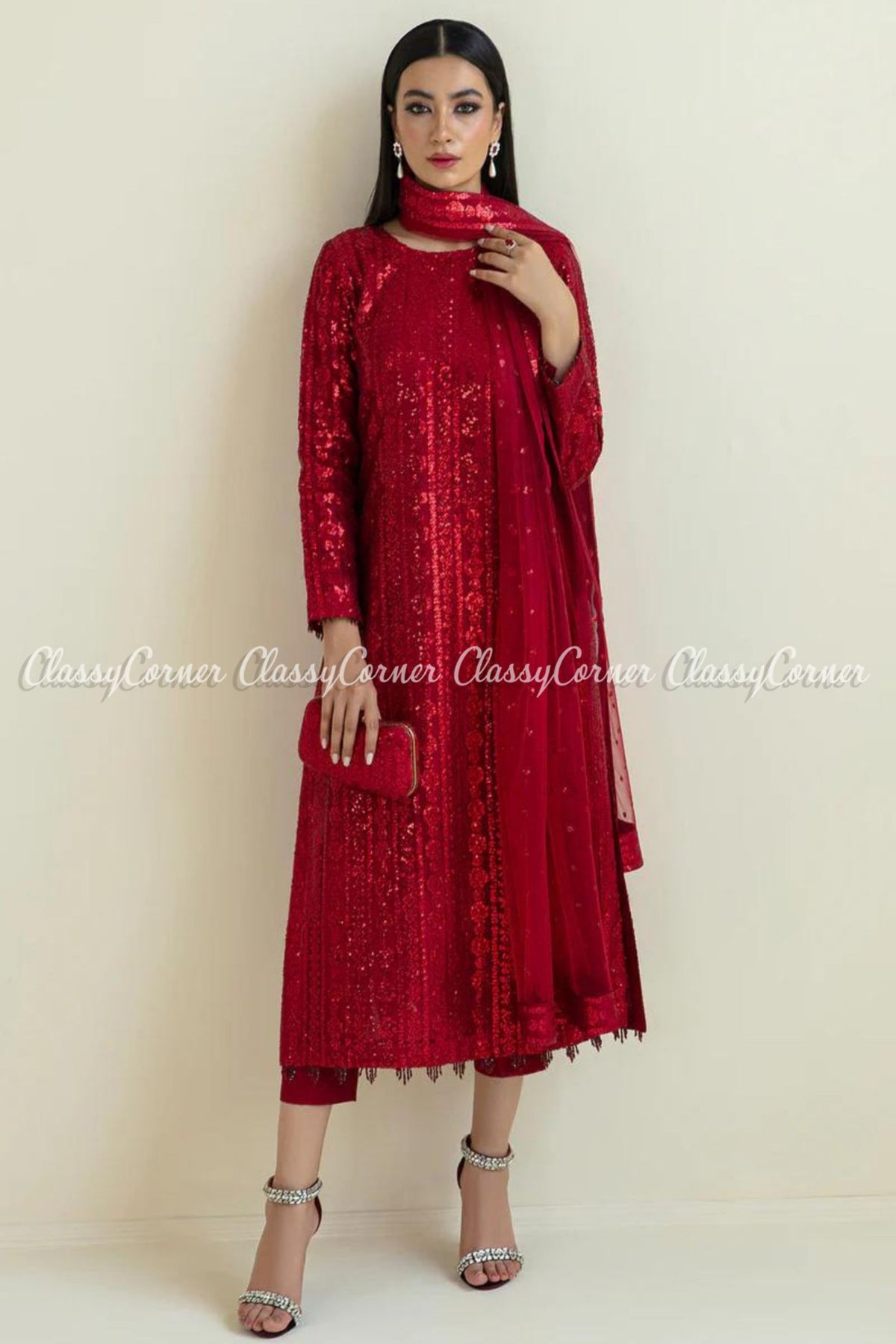 Red Net Embroidered Fancy Wear Salwar Kameez