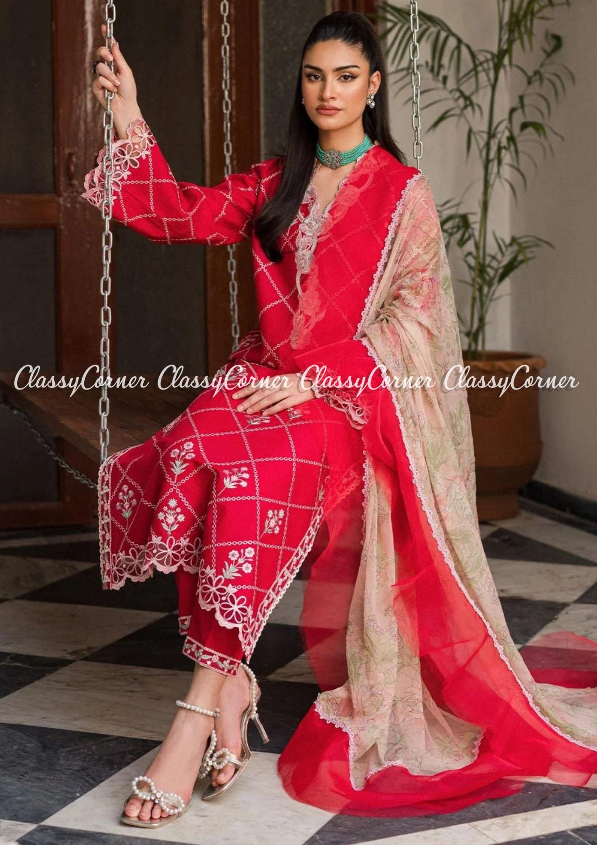 Red White Lawn Embroidered Pakistani Salwar Kameez