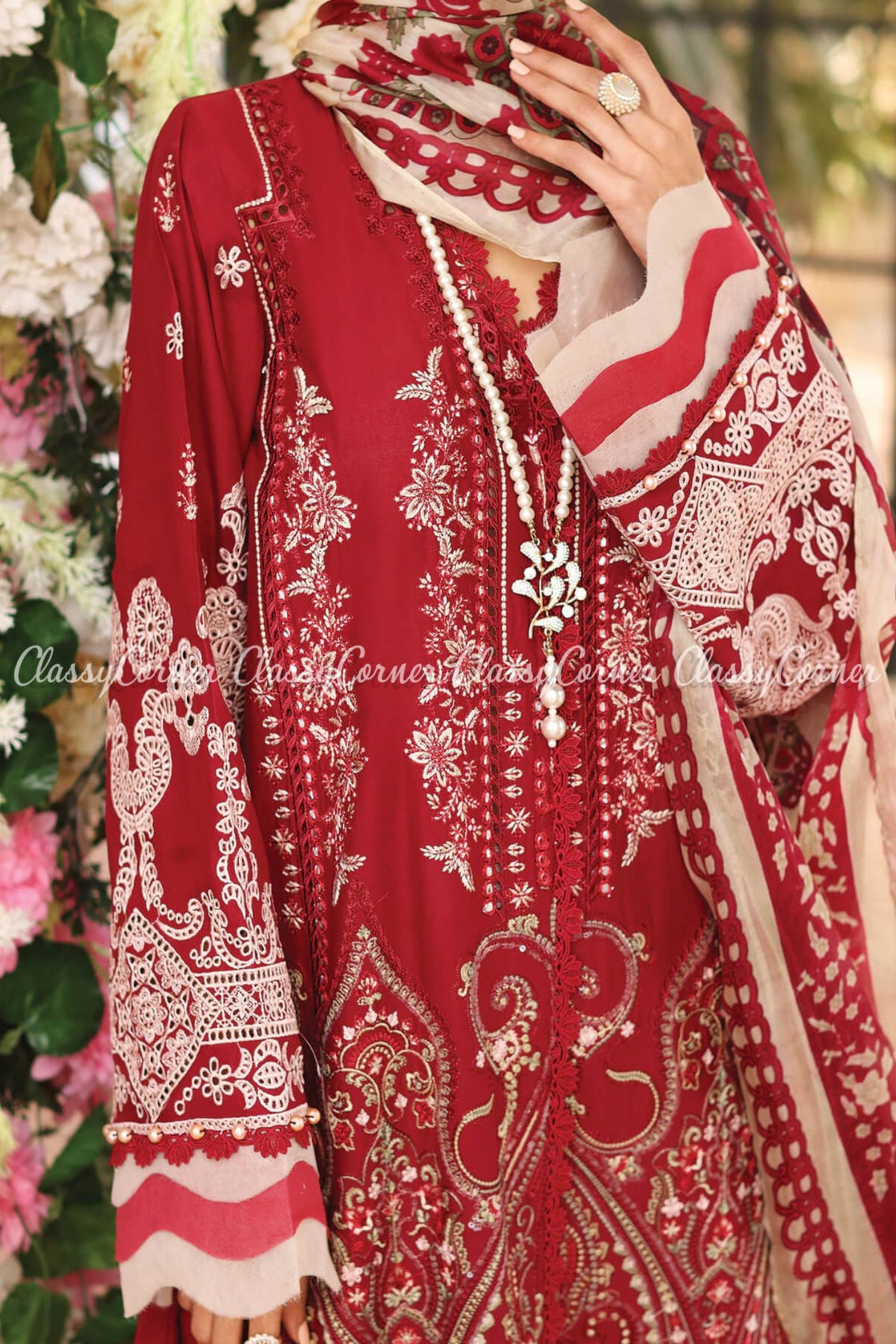 Red White Lawn Embroidered Formal Wear Salwar Kameez