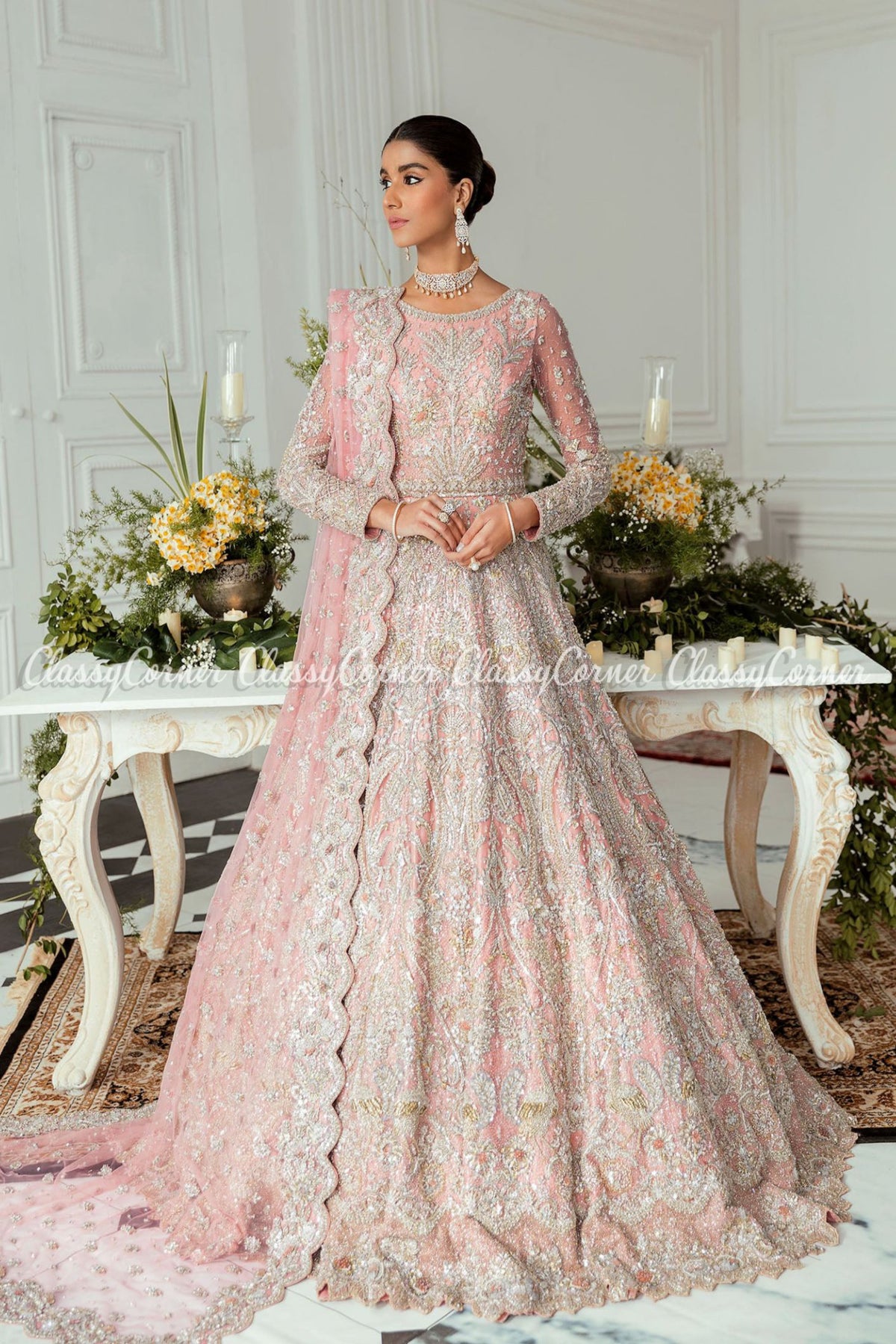 Rose Pink Embellished Bridal Wear Gown Dress