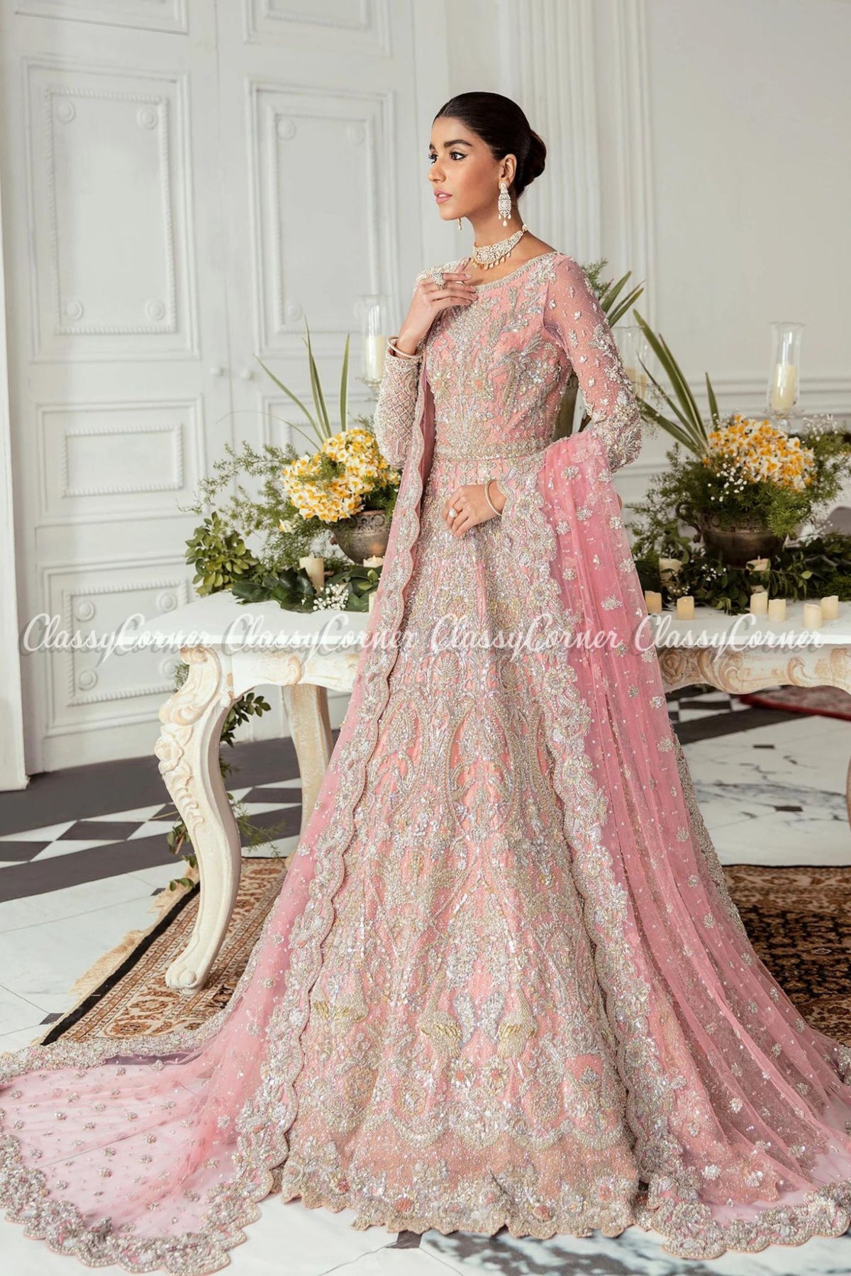 Rose Pink Embellished Bridal Wear Gown Dress