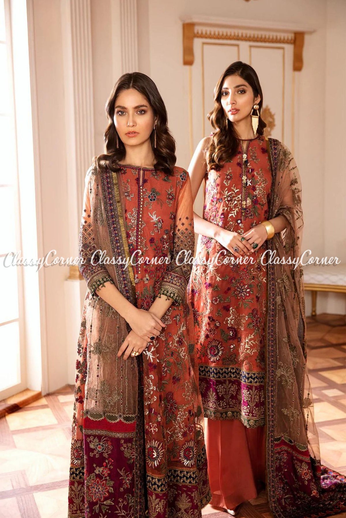 Rust Maroon Net Embroidered Pakistani Frock Salwar Kameez