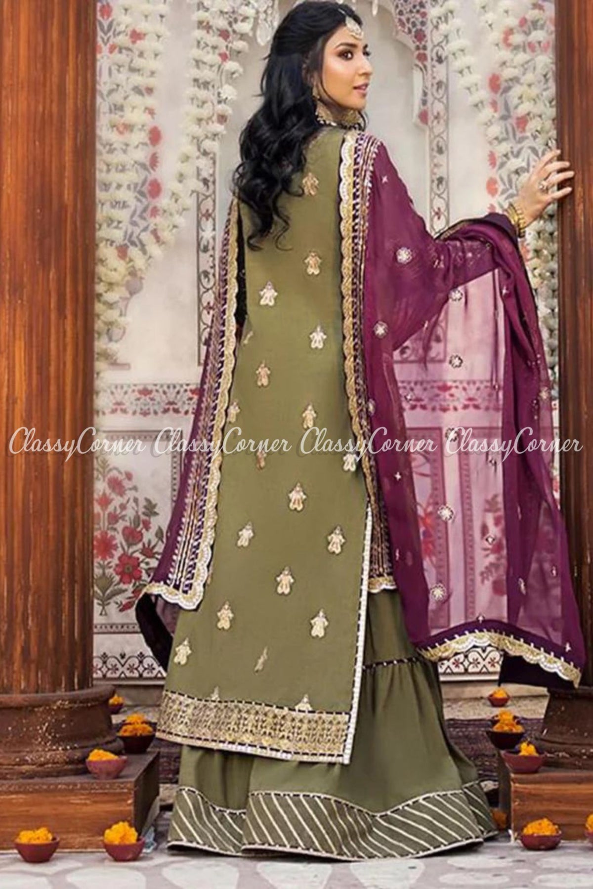 Sage Green Plum Lawn Embroidered Party Wear Gharara