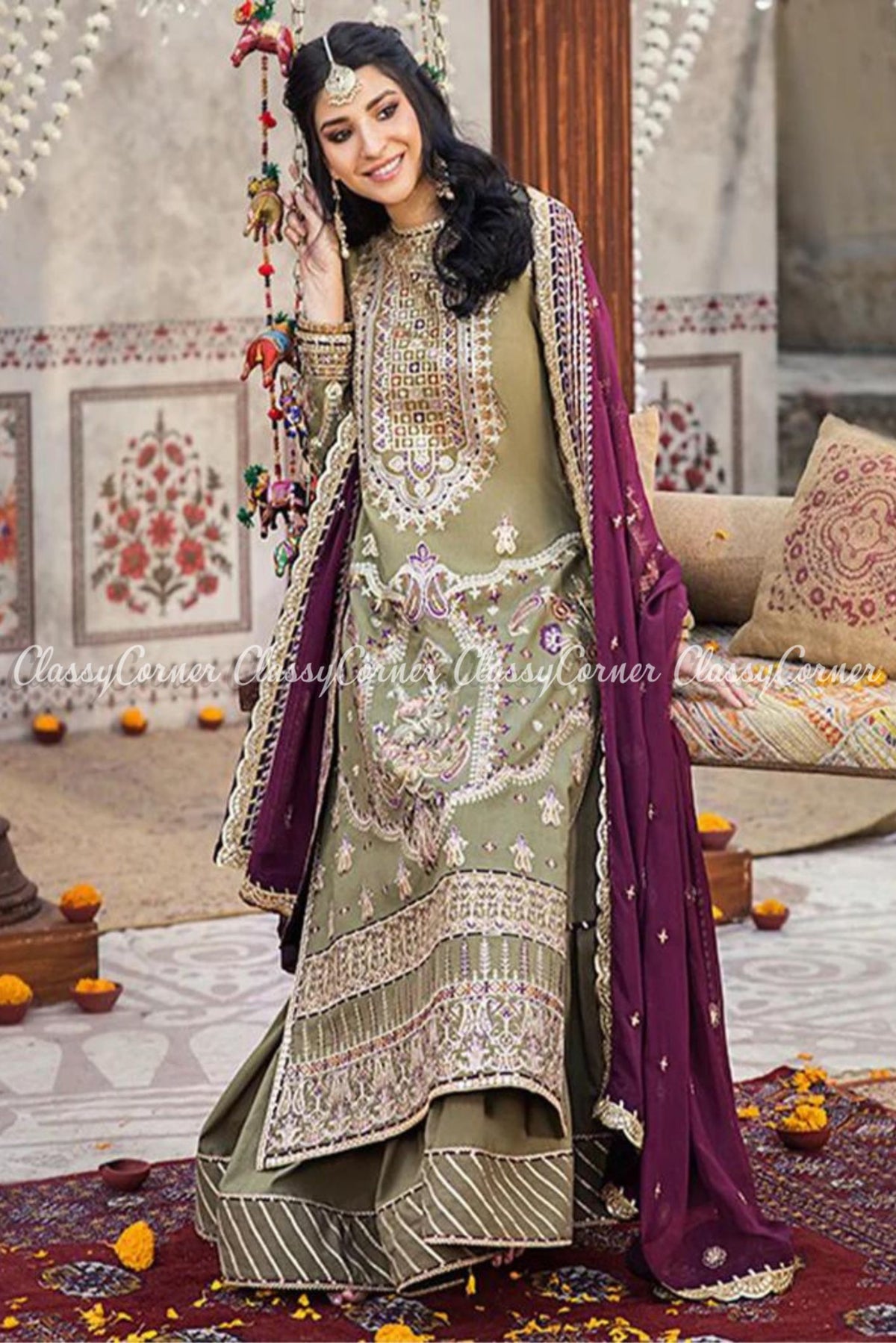 Sage Green Plum Lawn Embroidered Party Wear Gharara