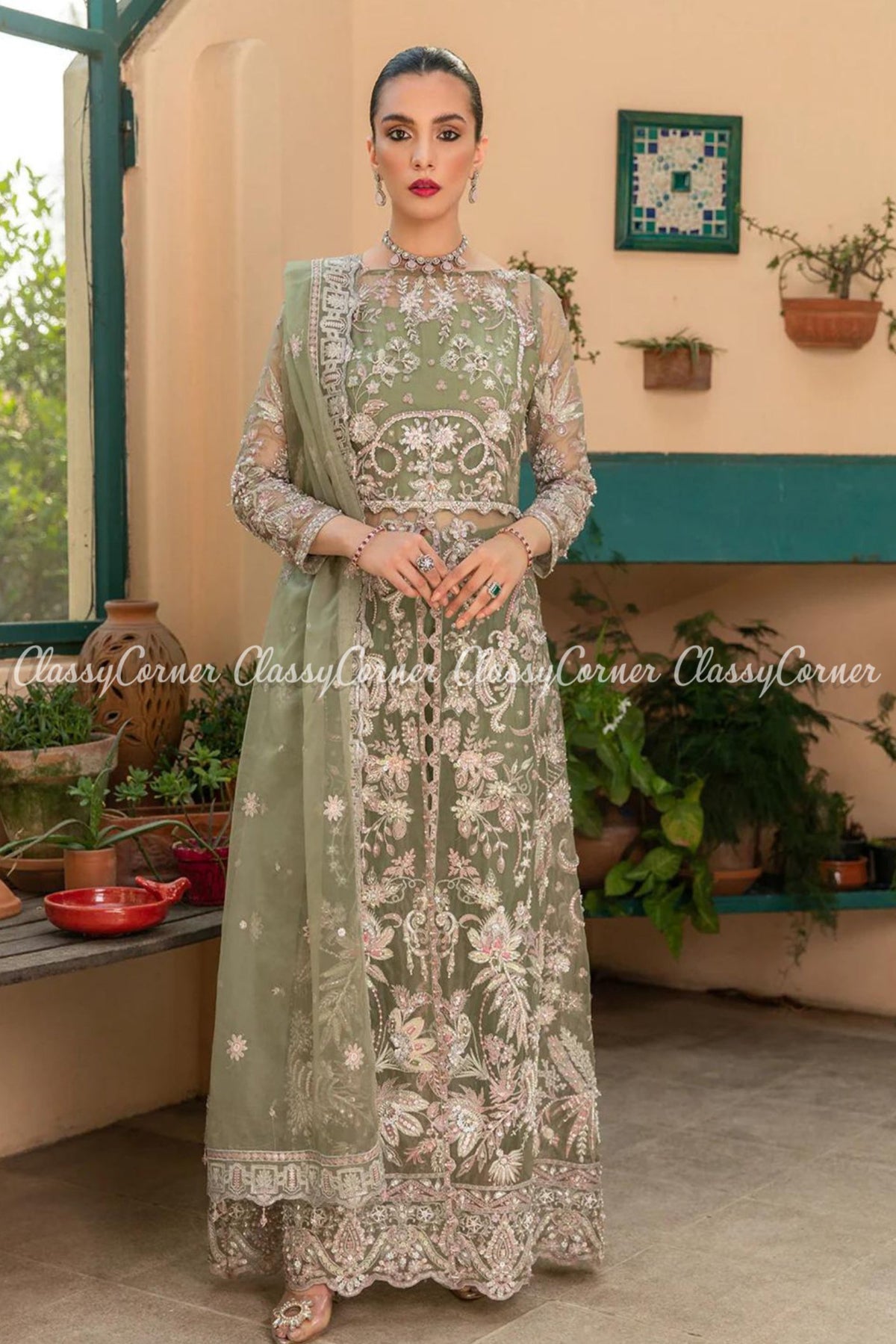 Sage Green Silver Organza Embroidered Gown Outfit