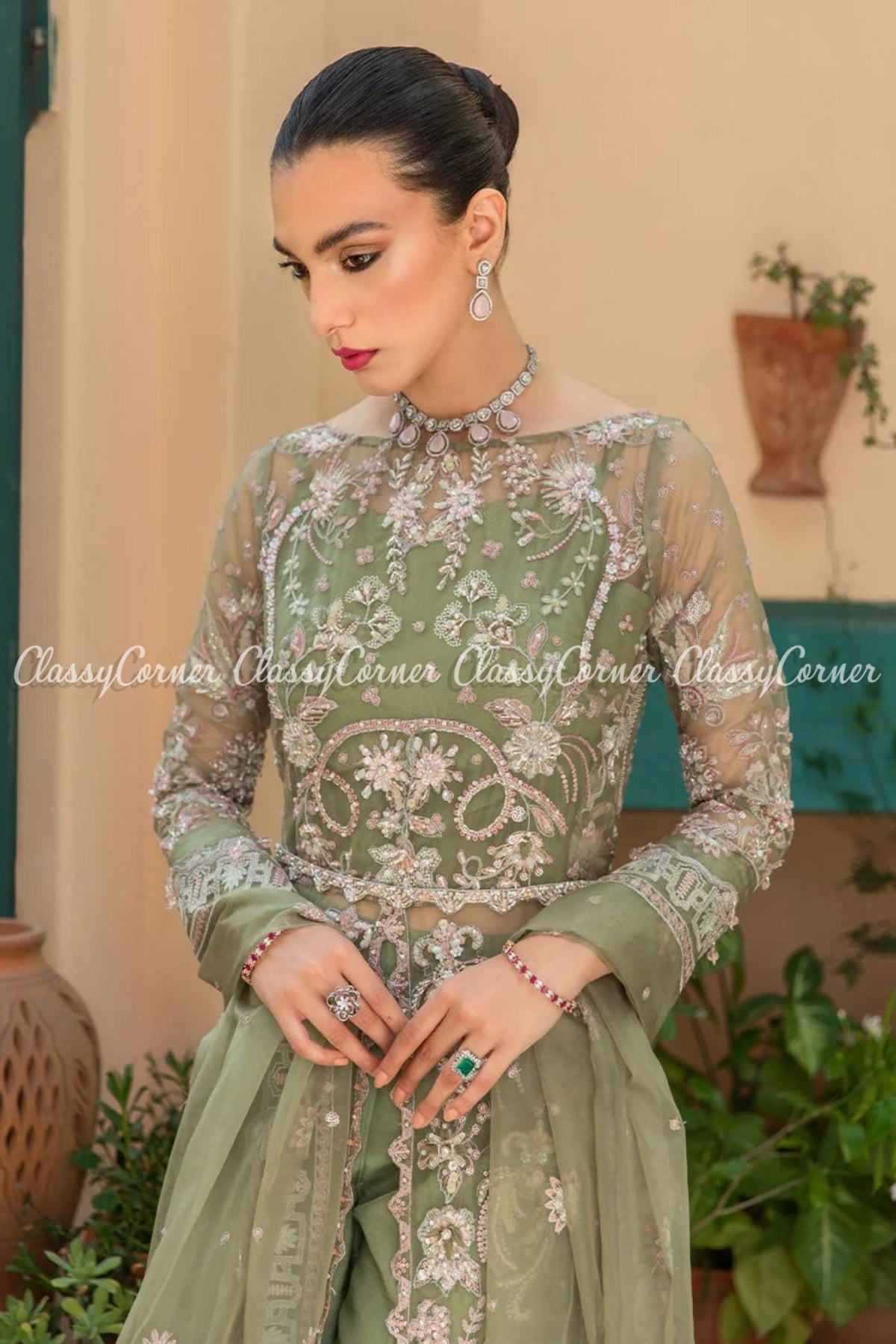 Sage Green Silver Organza Embroidered Gown Outfit