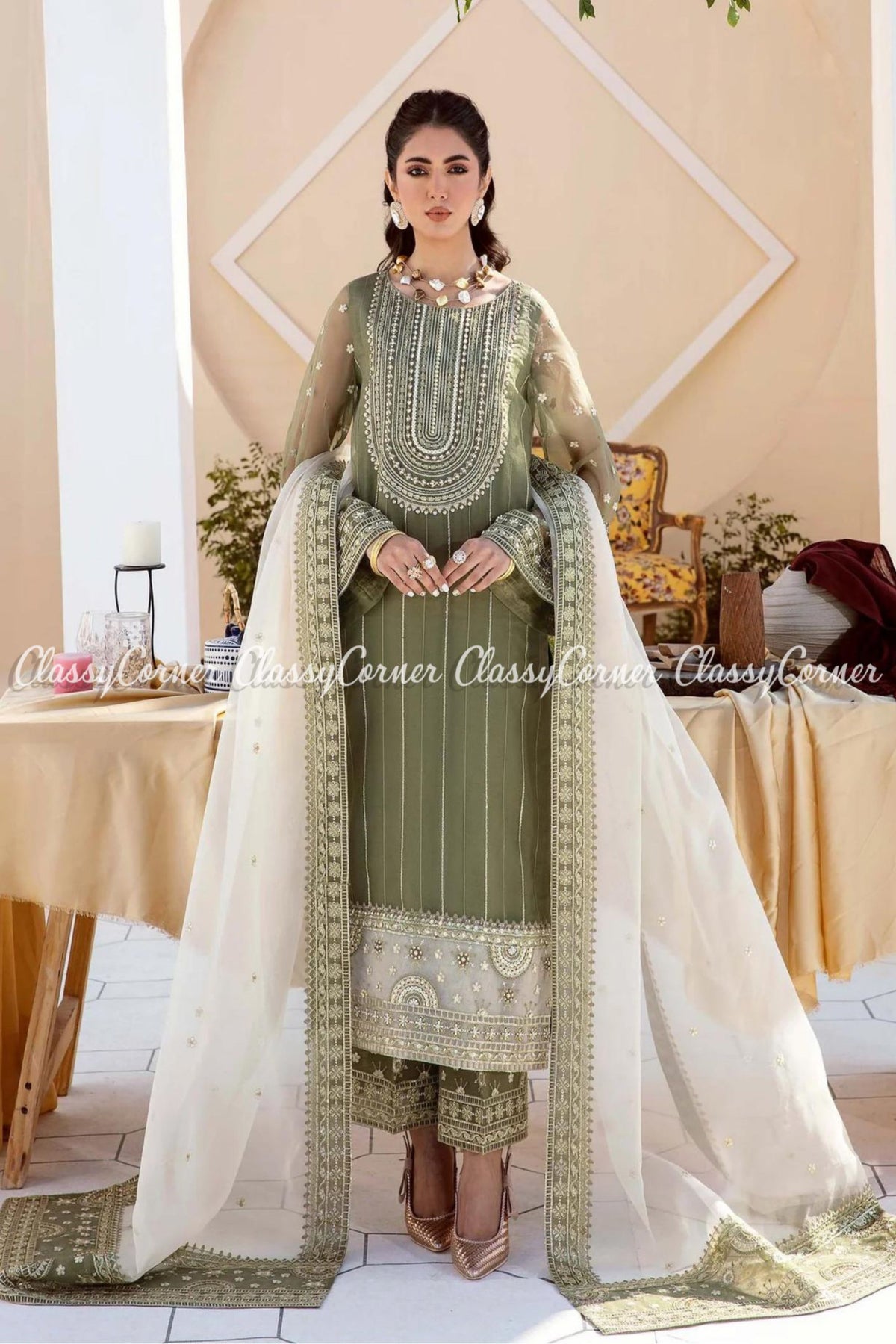 Pakistani Sage Green White Organza Embroidered Salwar Kameez