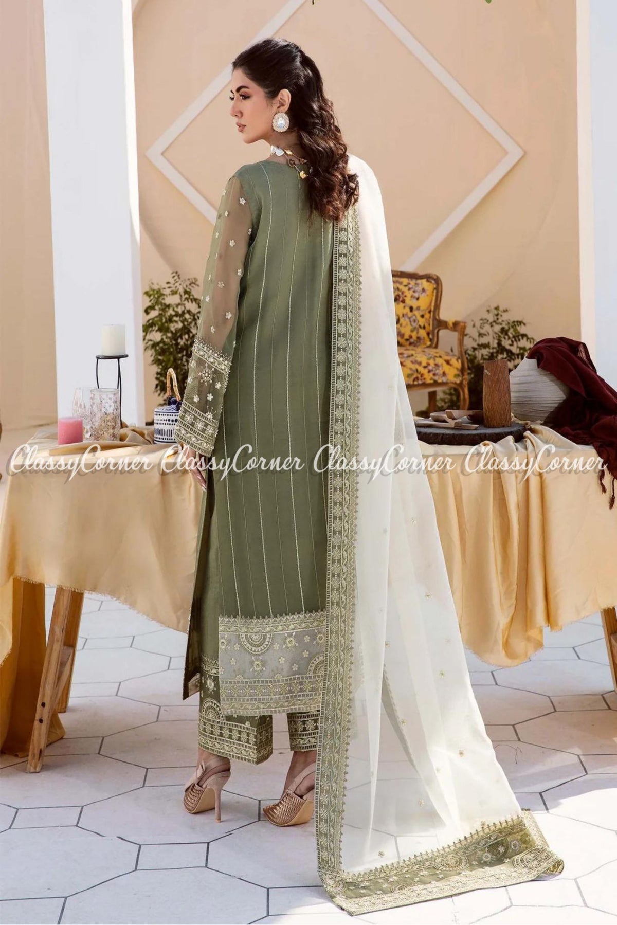 Pakistani Sage Green White Organza Embroidered Salwar Kameez