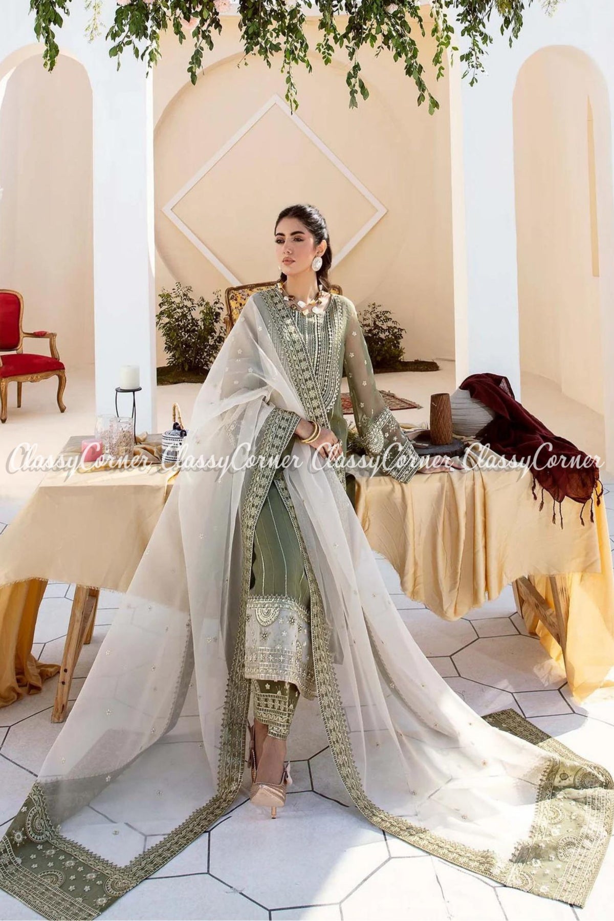 Pakistani Sage Green White Organza Embroidered Salwar Kameez