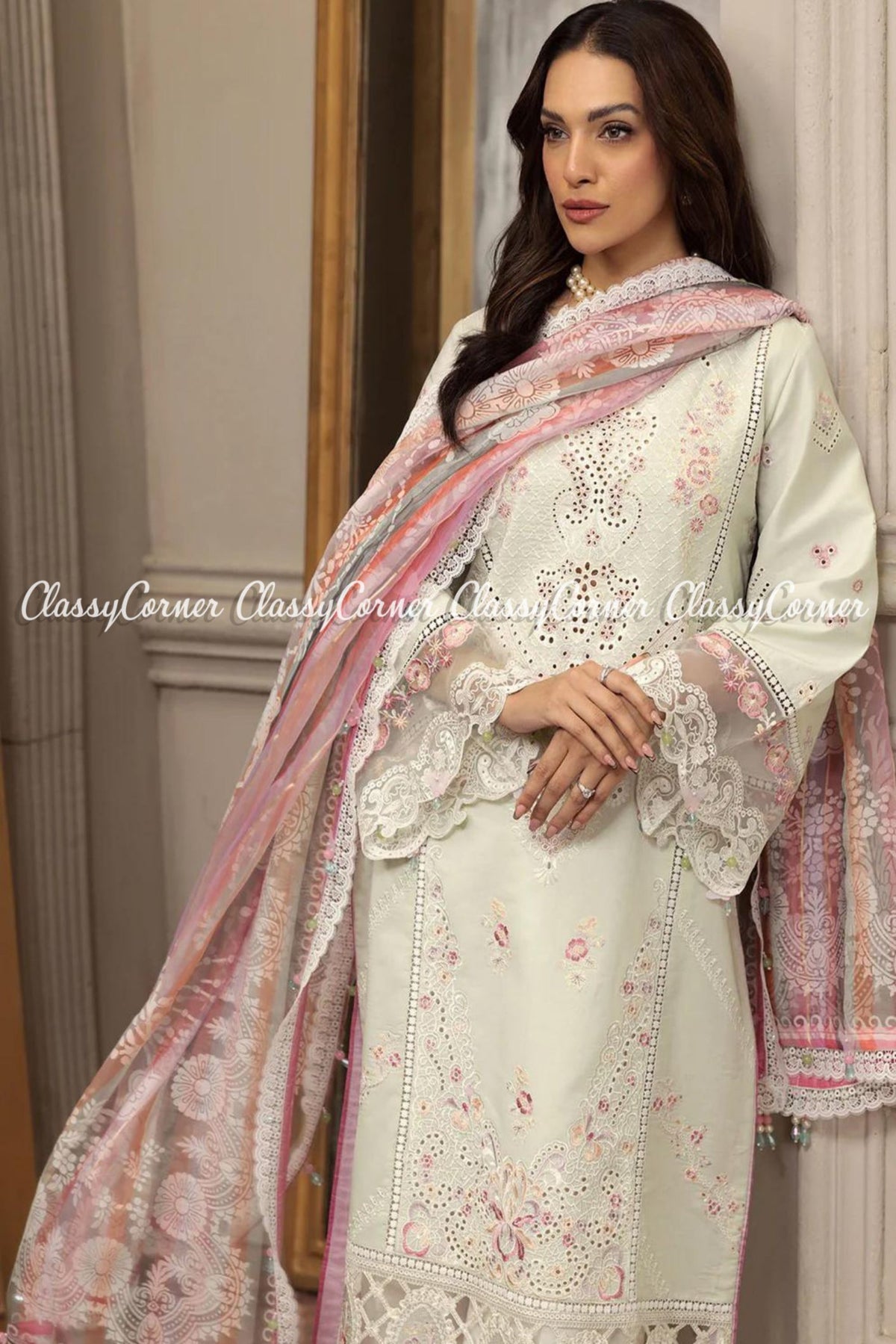 Pastel Green White Lawn Embroidered Pakistani Salwar Kameez