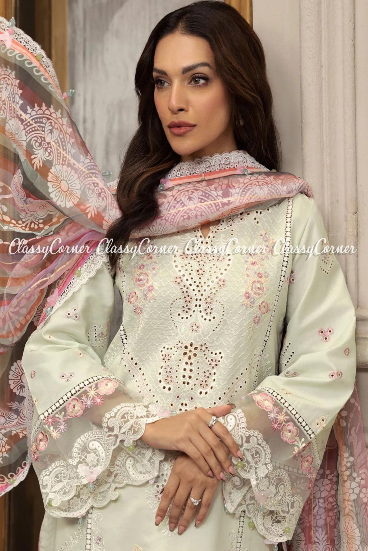 Pastel Green White Lawn Embroidered Pakistani Salwar Kameez