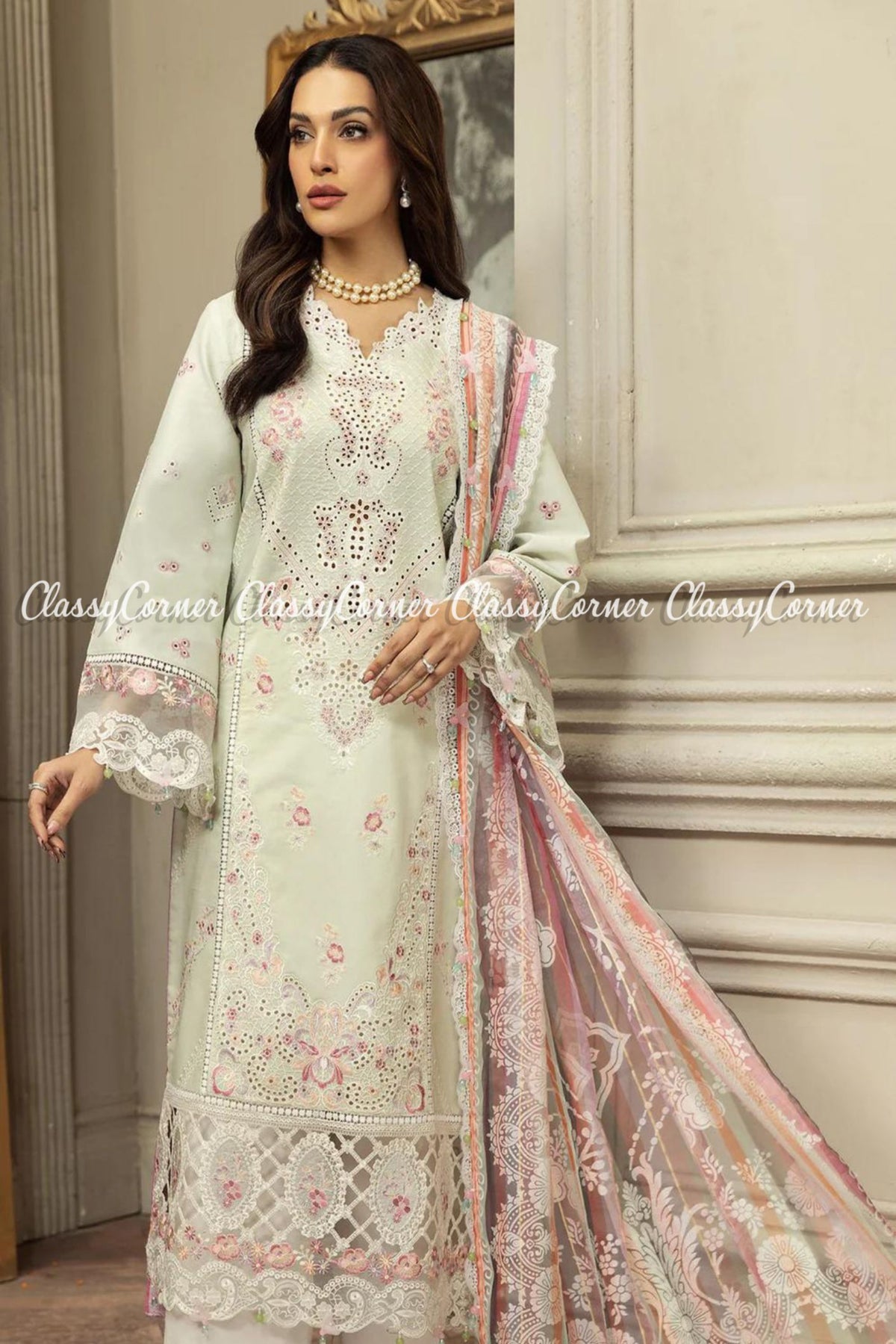 Pastel Green White Lawn Embroidered Pakistani Salwar Kameez