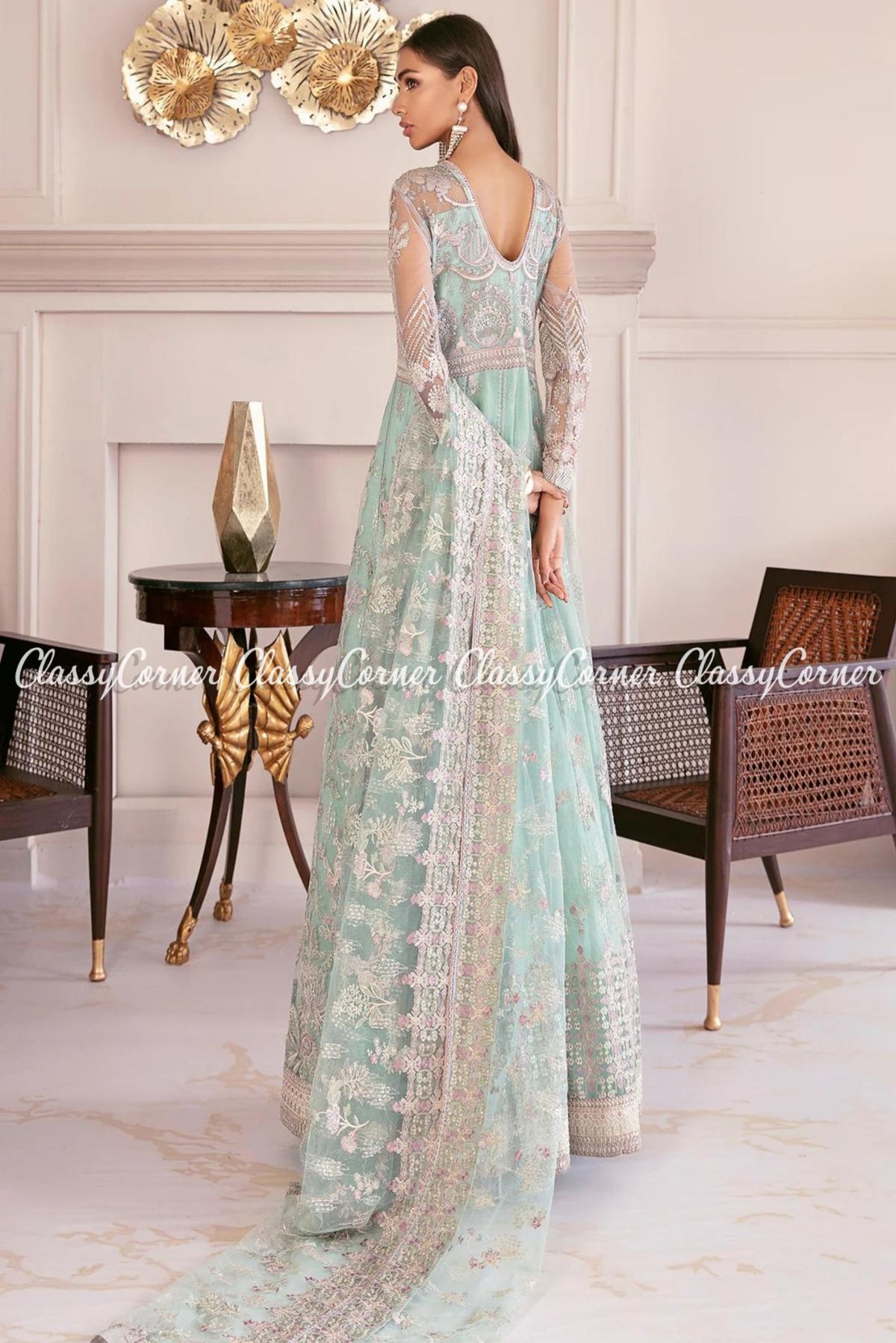 Sea Blue Lilac Net Embroidered Party Gown Saree Outfits